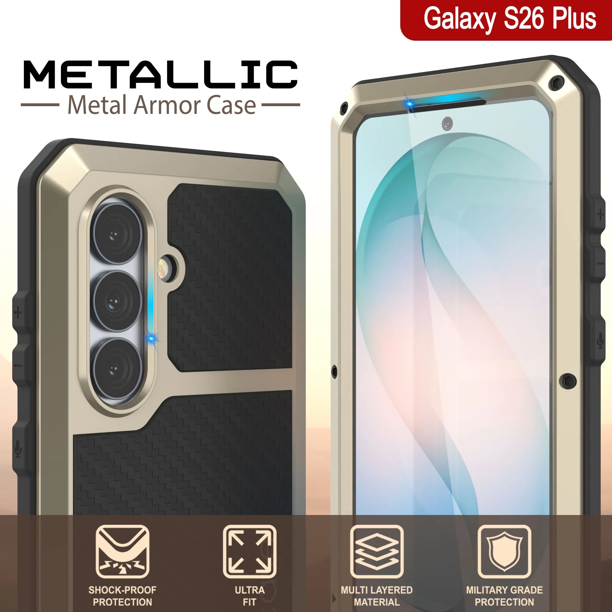 Galaxy S26 Plus Metal Case, Heavy Duty Military Grade Armor Cover [shock proof] Full Body Hard [Gold]