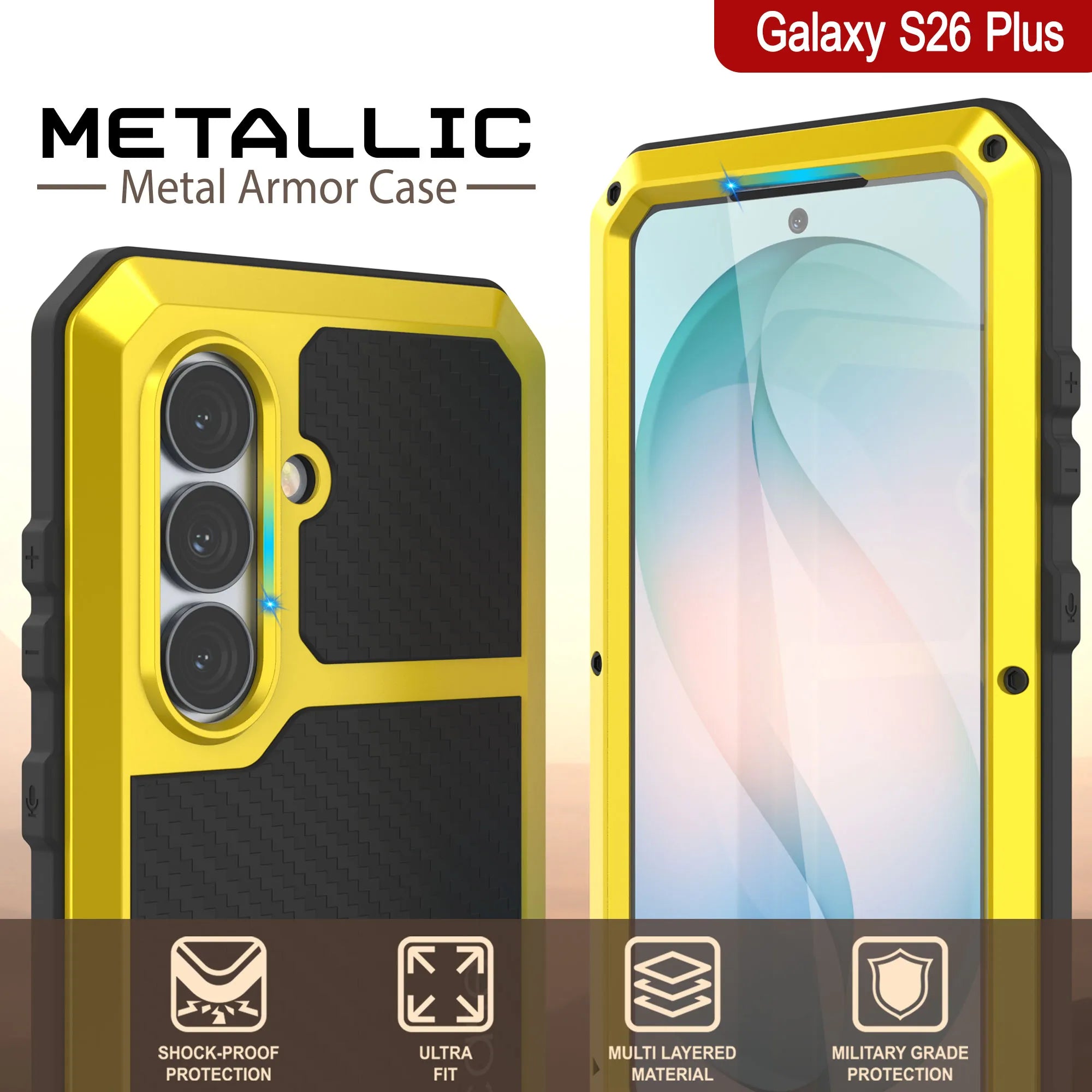 Galaxy S26 Plus Metal Case, Heavy Duty Military Grade Armor Cover [shock proof] Full Body Hard [Yellow]