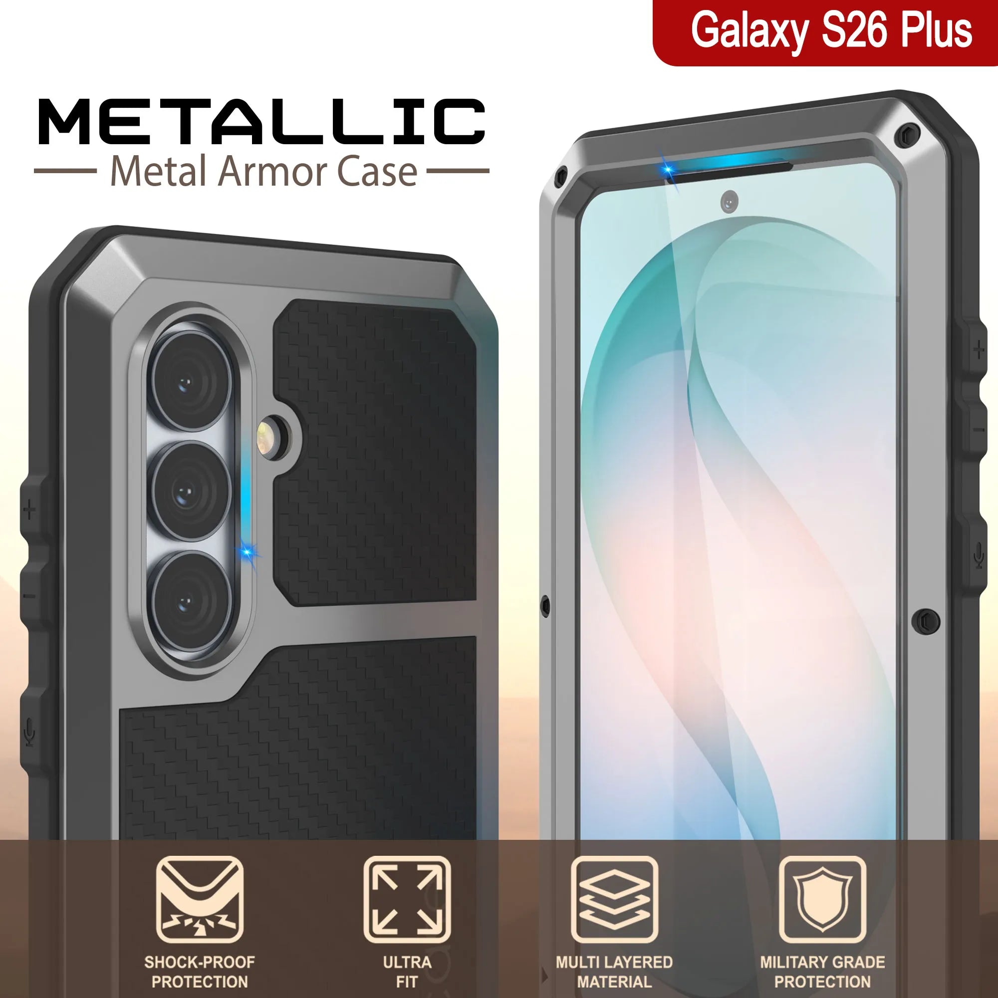 Galaxy S26 Plus Metal Case, Heavy Duty Military Grade Armor Cover [shock proof] Full Body Hard [Silver]