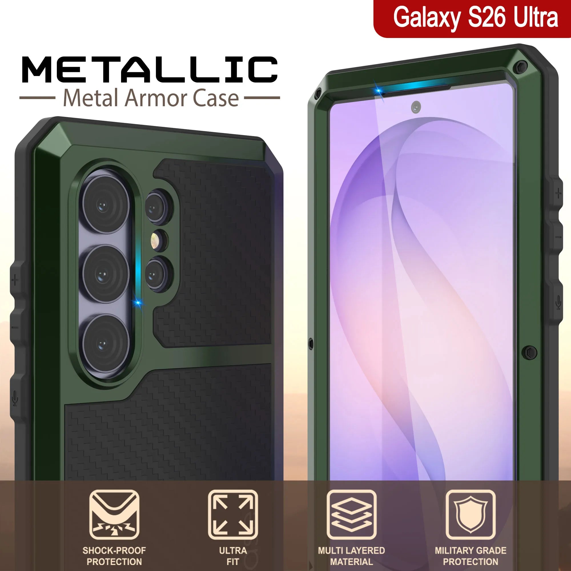 Galaxy S26 Ultra Metal Case, Heavy Duty Military Grade Armor Cover [shock proof] Full Body Hard [Dark Green]