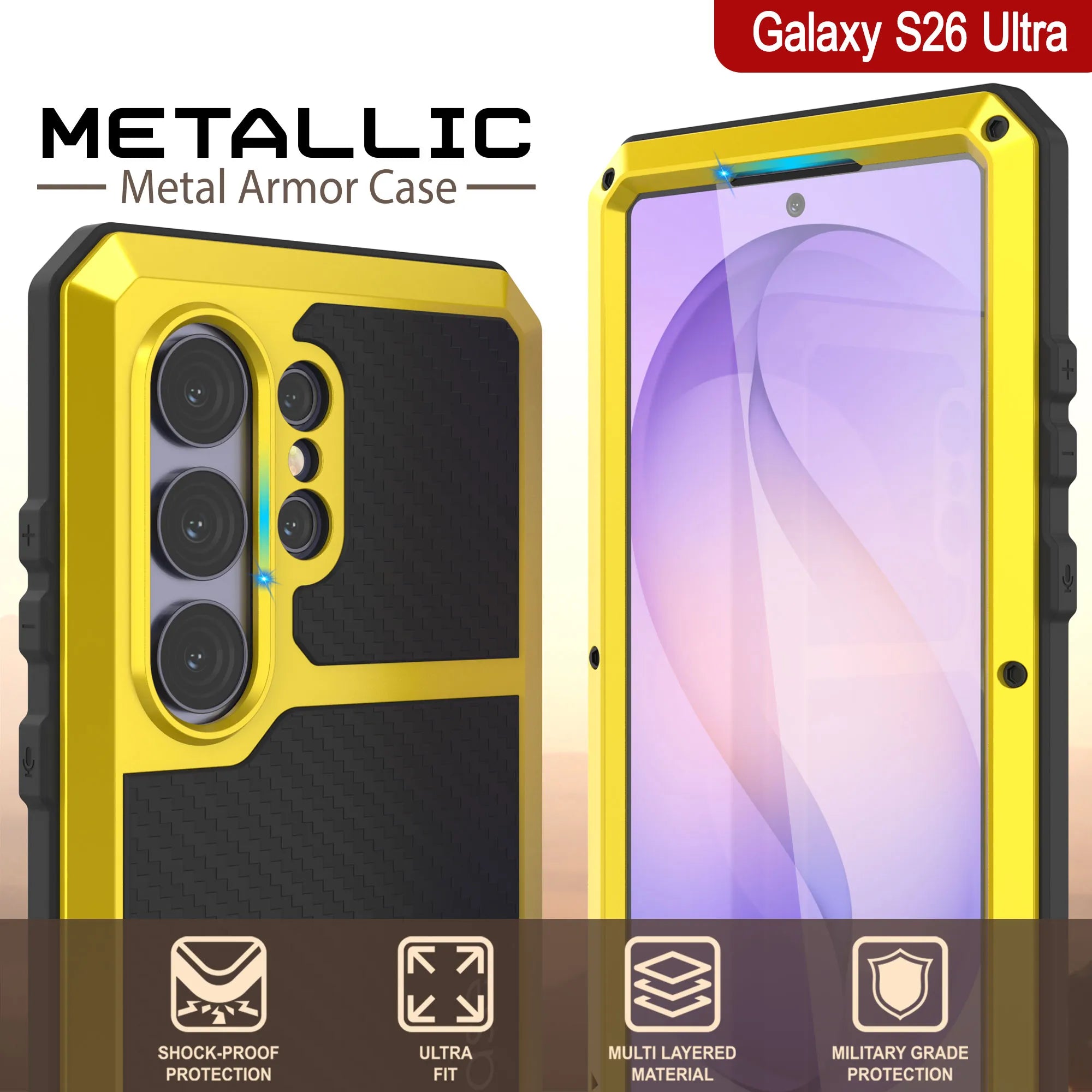 Galaxy S26 Ultra Metal Case, Heavy Duty Military Grade Armor Cover [shock proof] Full Body Hard [Yellow]