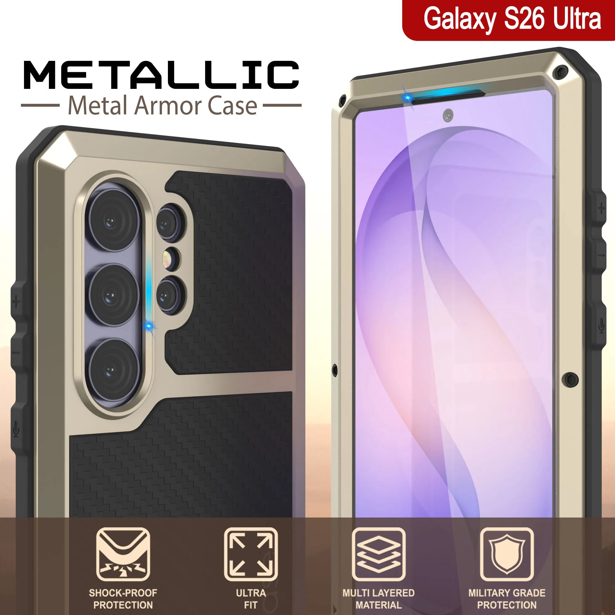 Galaxy S26 Ultra Metal Case, Heavy Duty Military Grade Armor Cover [shock proof] Full Body Hard [Gold]