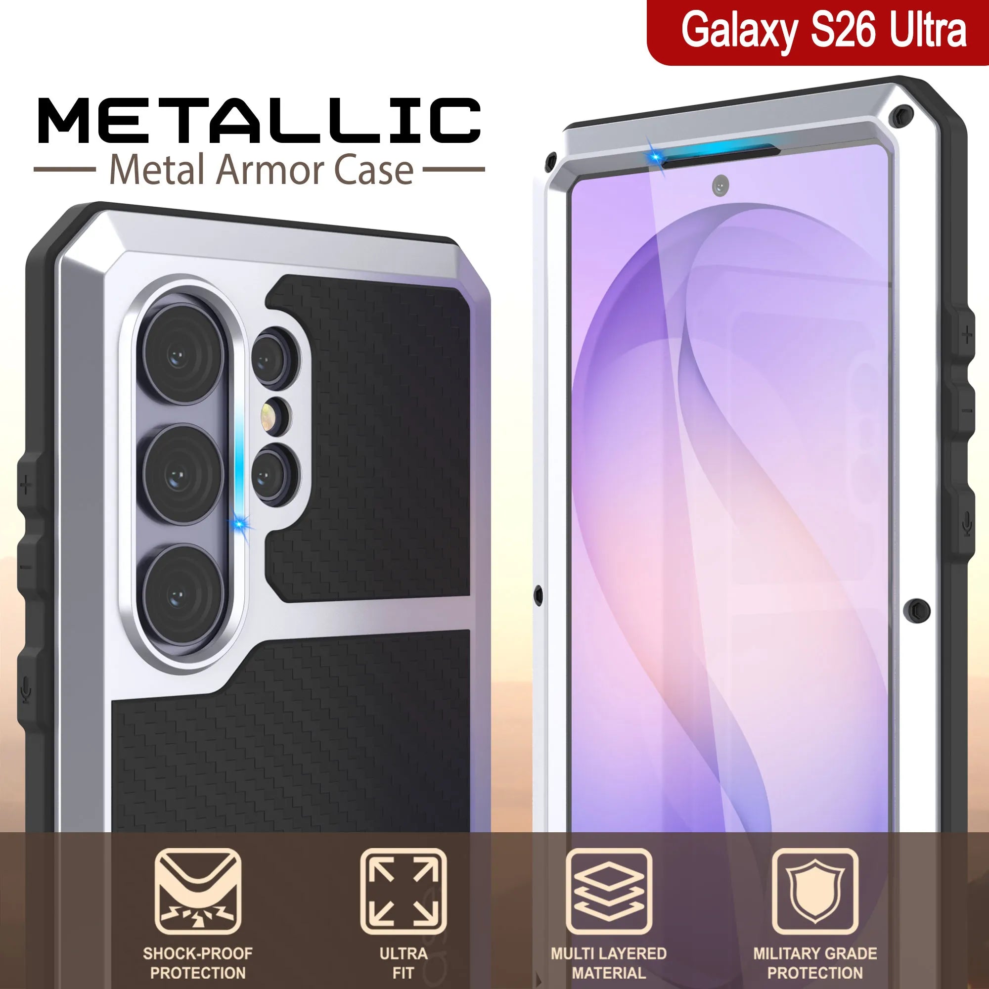 Galaxy S26 Ultra Metal Case, Heavy Duty Military Grade Armor Cover [shock proof] Full Body Hard [White]