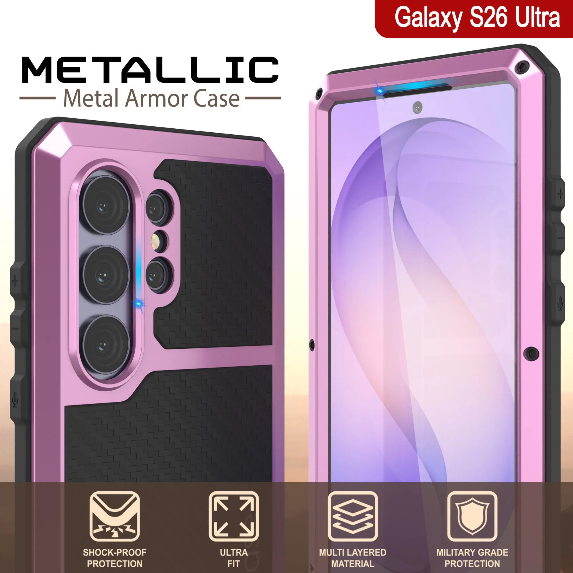 Galaxy S26 Ultra Metal Case, Heavy Duty Military Grade Armor Cover [shock proof] Full Body Hard [Pink]
