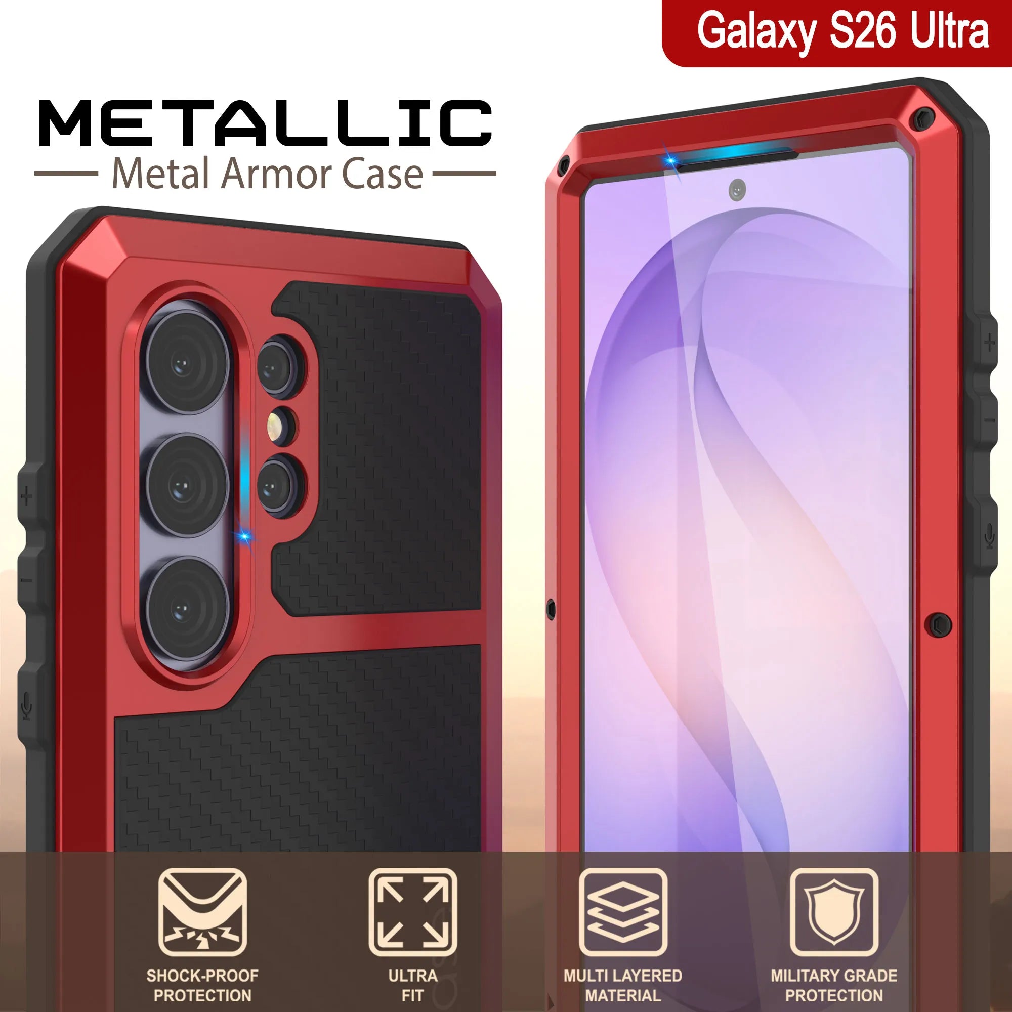 Galaxy S26 Ultra Metal Case, Heavy Duty Military Grade Armor Cover [shock proof] Full Body Hard [Red]