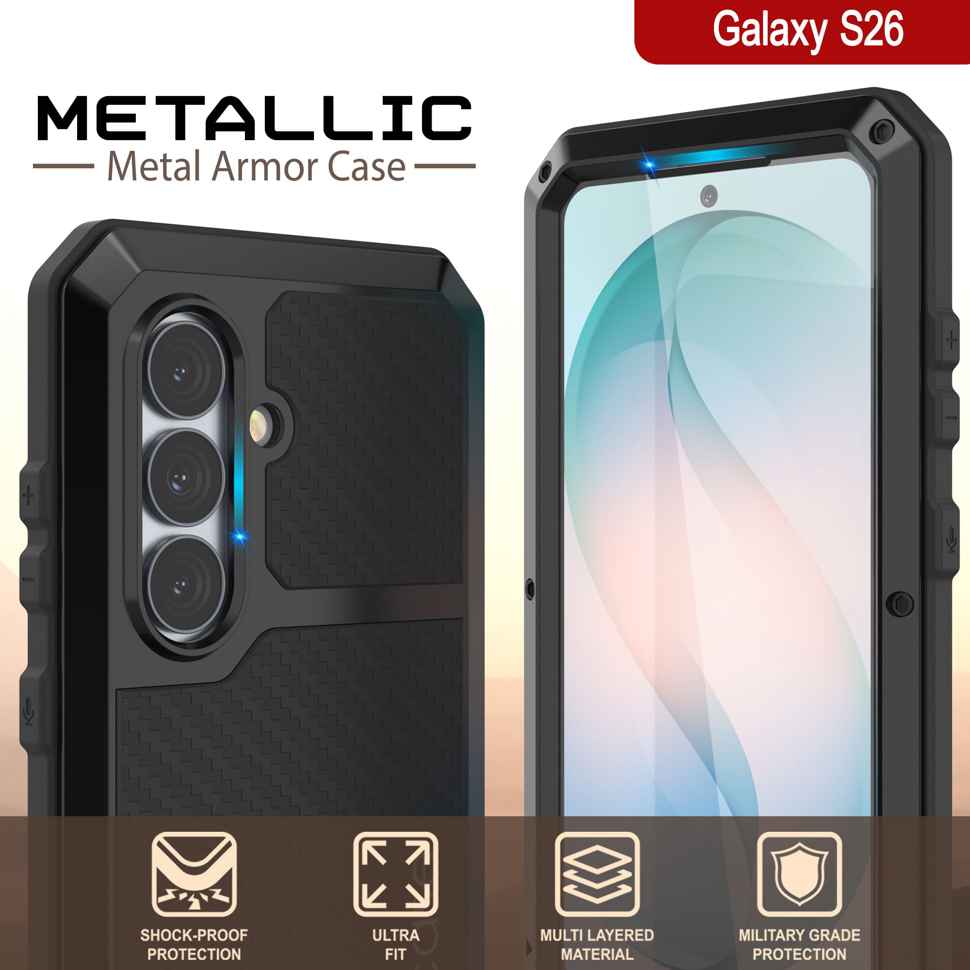 Galaxy S26 Metal Case, Heavy Duty Military Grade Armor Cover [shock proof] Full Body Hard [Black]