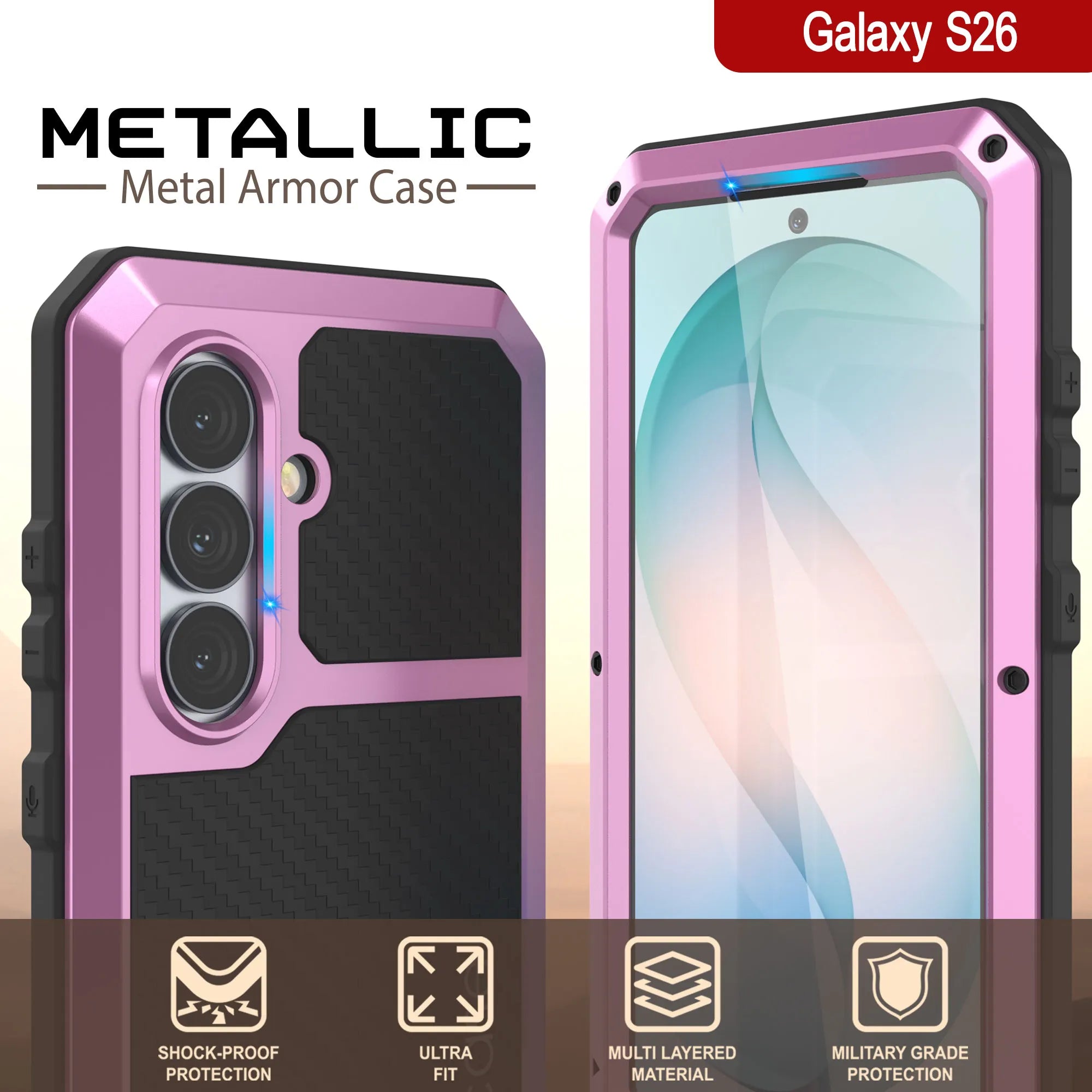 Galaxy S26 Metal Case, Heavy Duty Military Grade Armor Cover [shock proof] Full Body Hard [Pink]