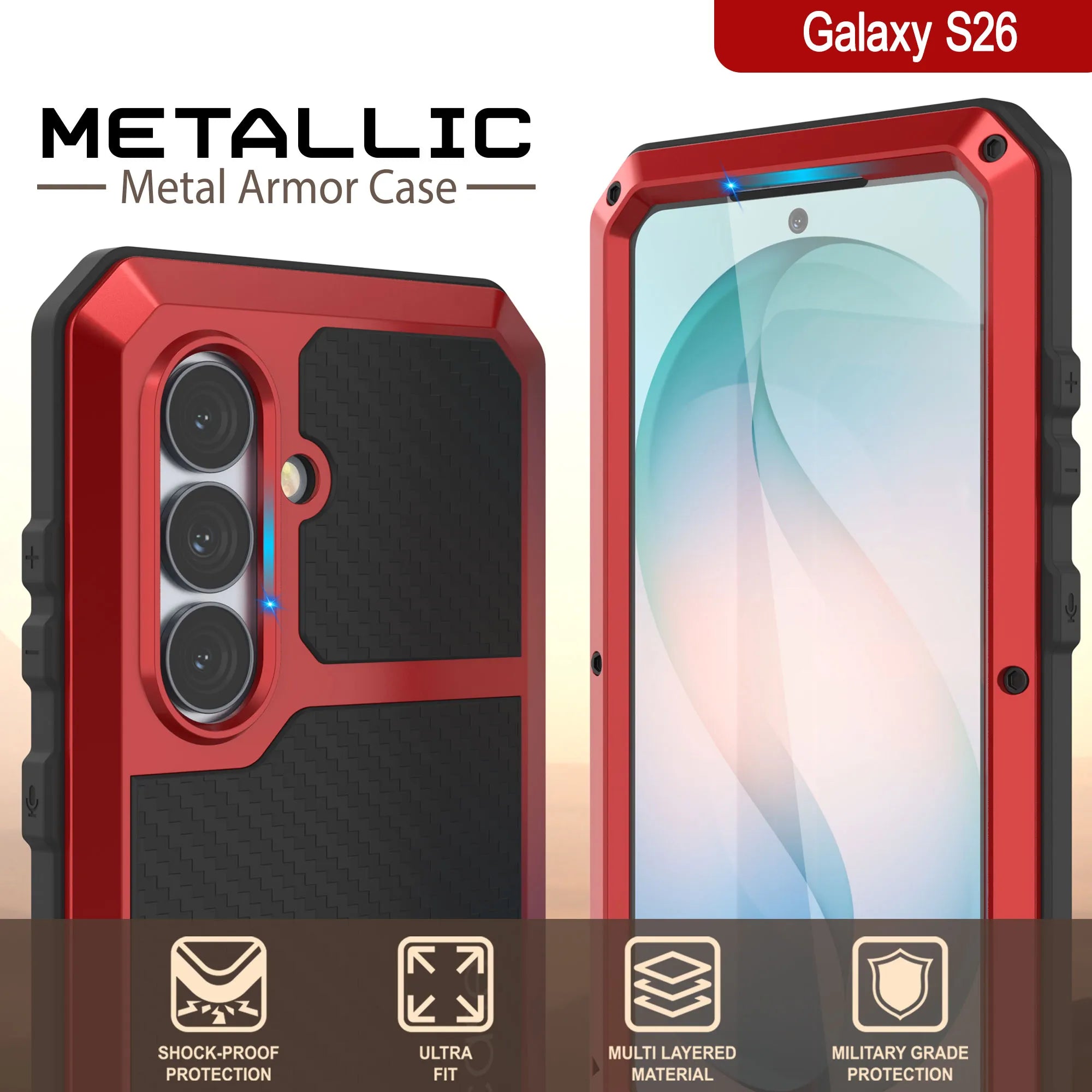 Galaxy S26 Metal Case, Heavy Duty Military Grade Armor Cover [shock proof] Full Body Hard [Red]