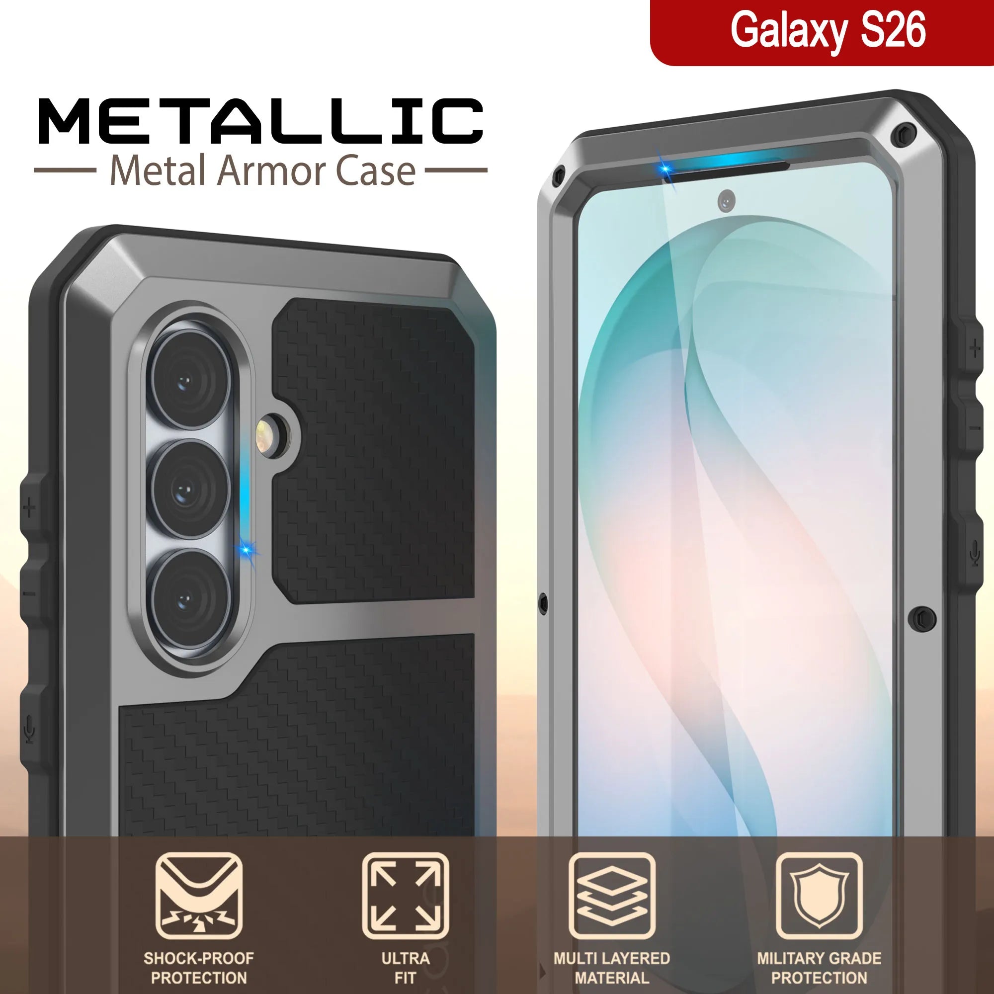 Galaxy S26 Metal Case, Heavy Duty Military Grade Armor Cover [shock proof] Full Body Hard [Silver]