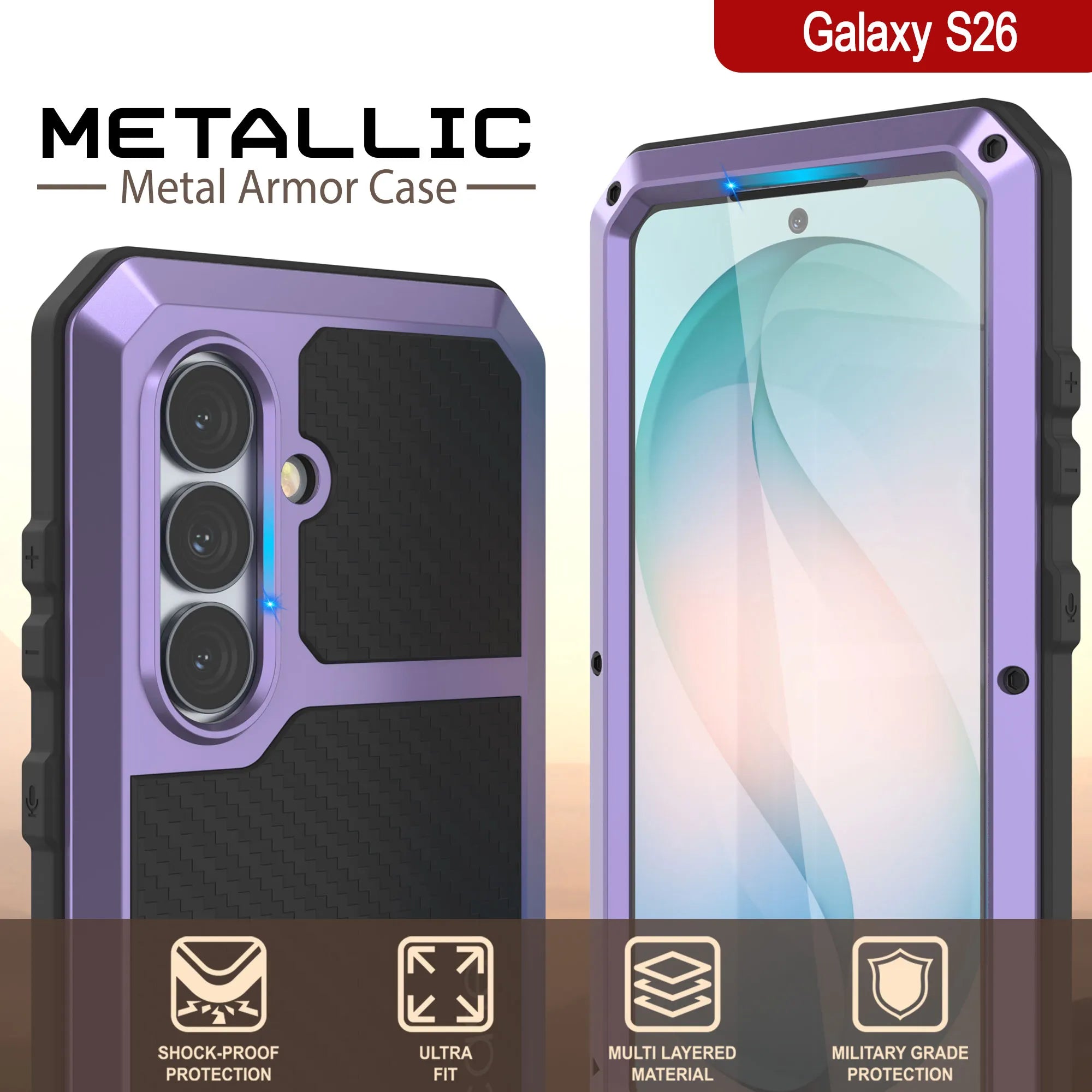 Galaxy S26 Metal Case, Heavy Duty Military Grade Armor Cover [shock proof] Full Body Hard [Purple]