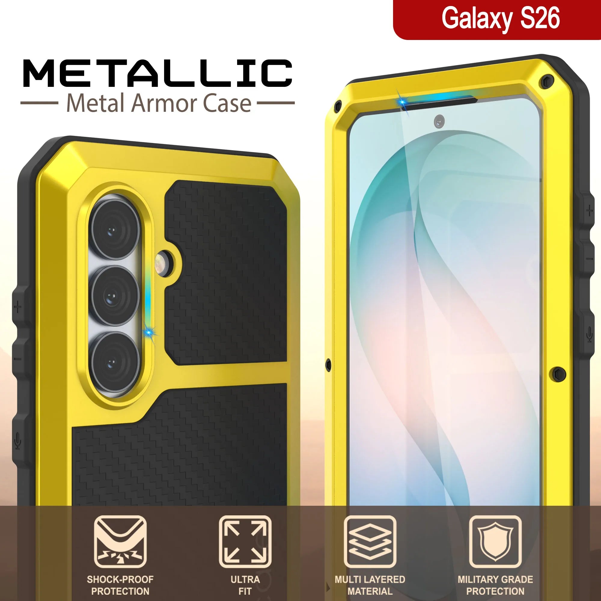 Galaxy S26 Metal Case, Heavy Duty Military Grade Armor Cover [shock proof] Full Body Hard [Yellow]