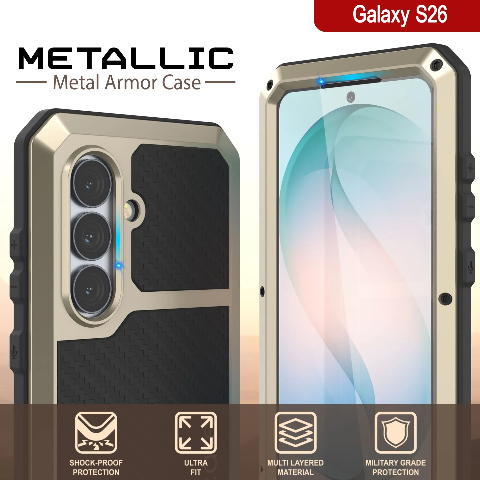 Galaxy S26 Metal Case, Heavy Duty Military Grade Armor Cover [shock proof] Full Body Hard [Gold]