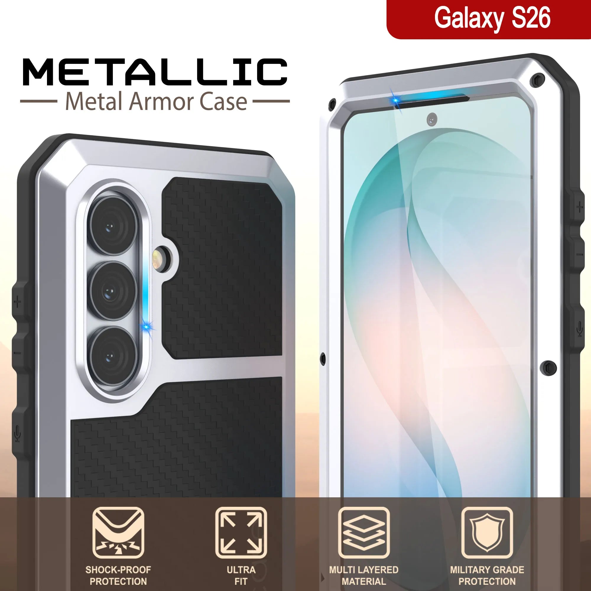 Galaxy S26 Metal Case, Heavy Duty Military Grade Armor Cover [shock proof] Full Body Hard [White]