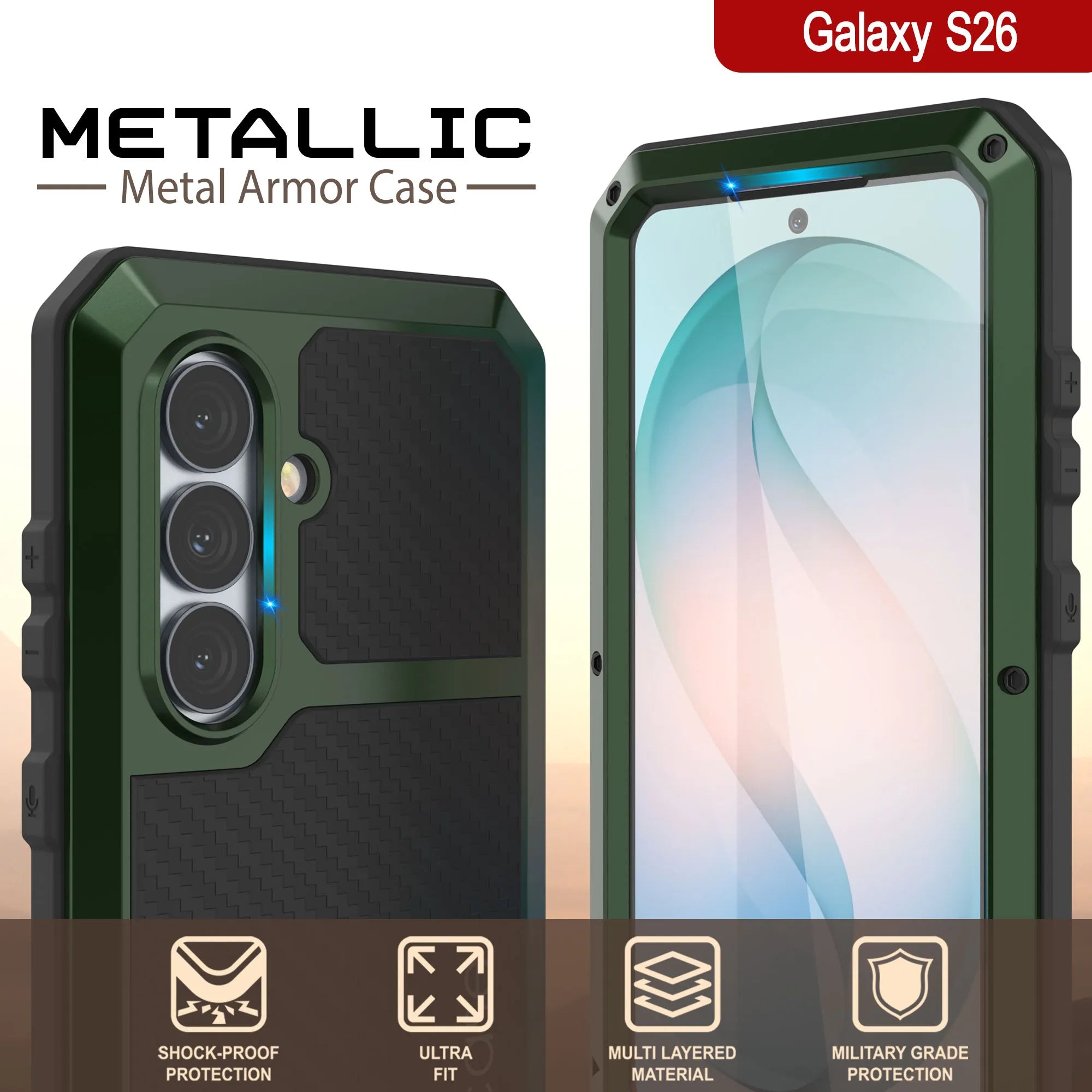 Galaxy S26 Metal Case, Heavy Duty Military Grade Armor Cover [shock proof] Full Body Hard [Dark Green]