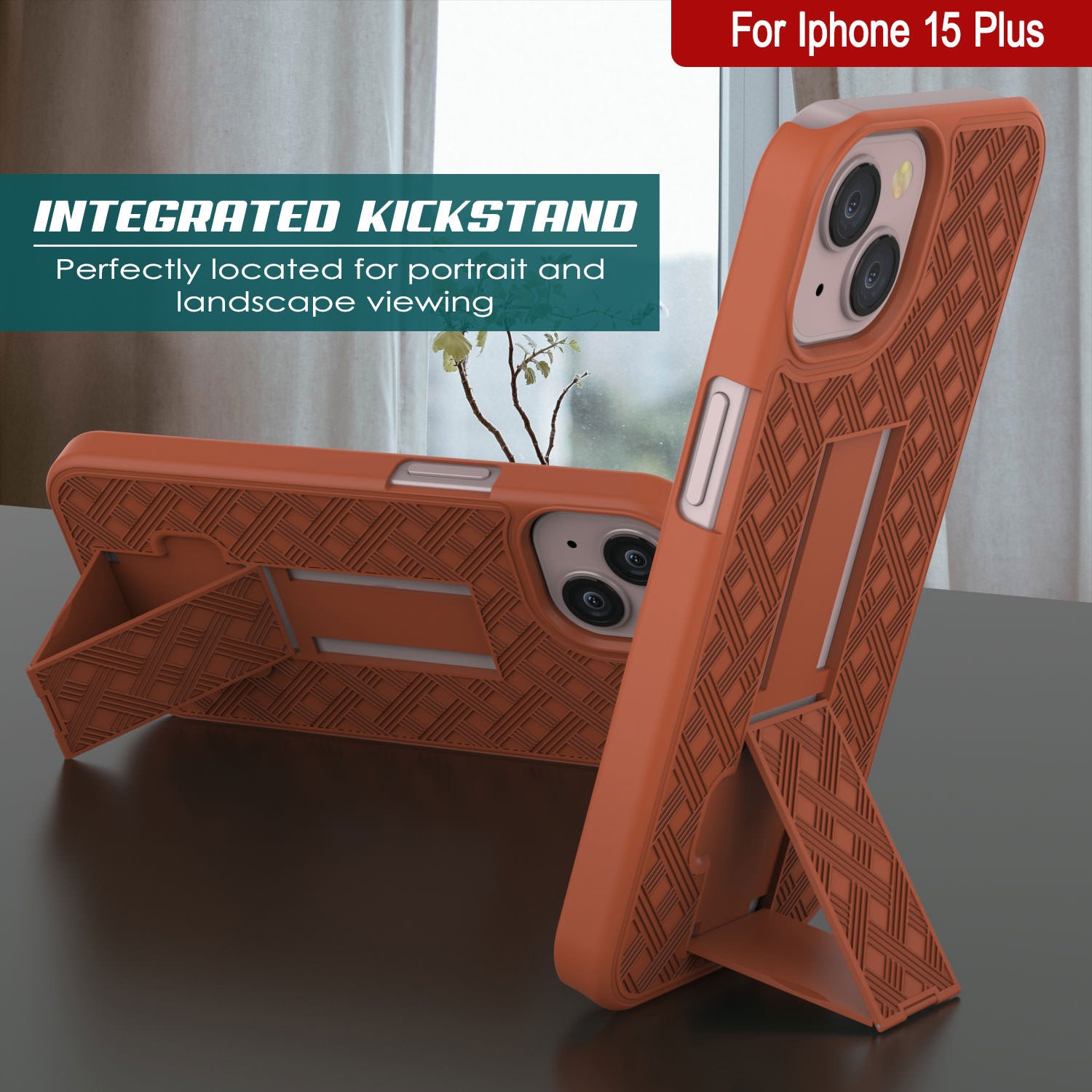 iPhone 15 Plus Case With Tempered Glass Screen Protector, Holster Belt Clip & Built-In Kickstand [Orange]