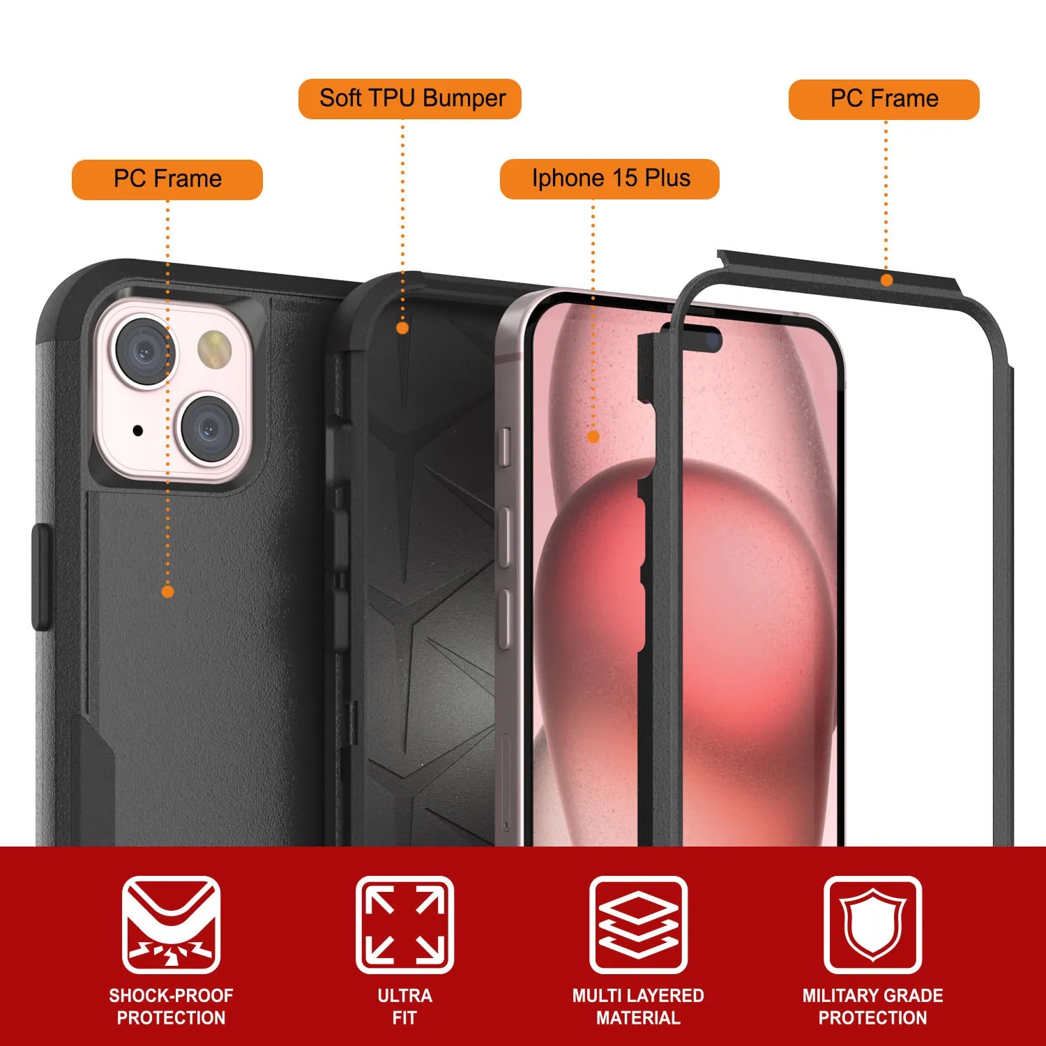 Punkcase for iPhone 15 Plus Belt Clip Multilayer Holster Case [Patron Series] [Black]