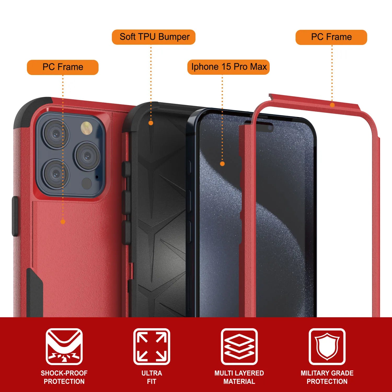 Punkcase for iPhone 15 Pro Max Belt Clip Multilayer Holster Case [Patron Series] [Red-Black]