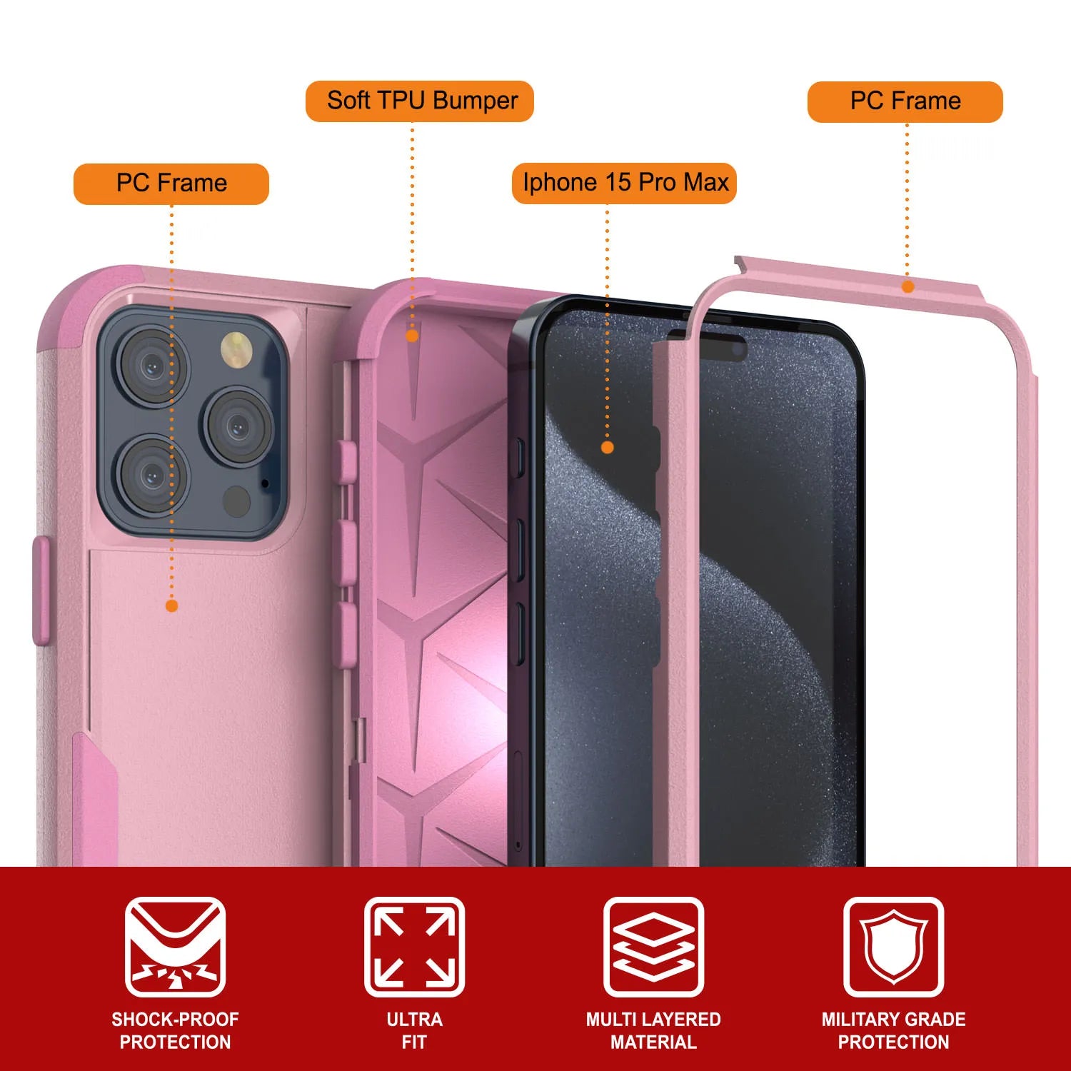 Punkcase for iPhone 15 Pro Max Belt Clip Multilayer Holster Case [Patron Series] [Pink]