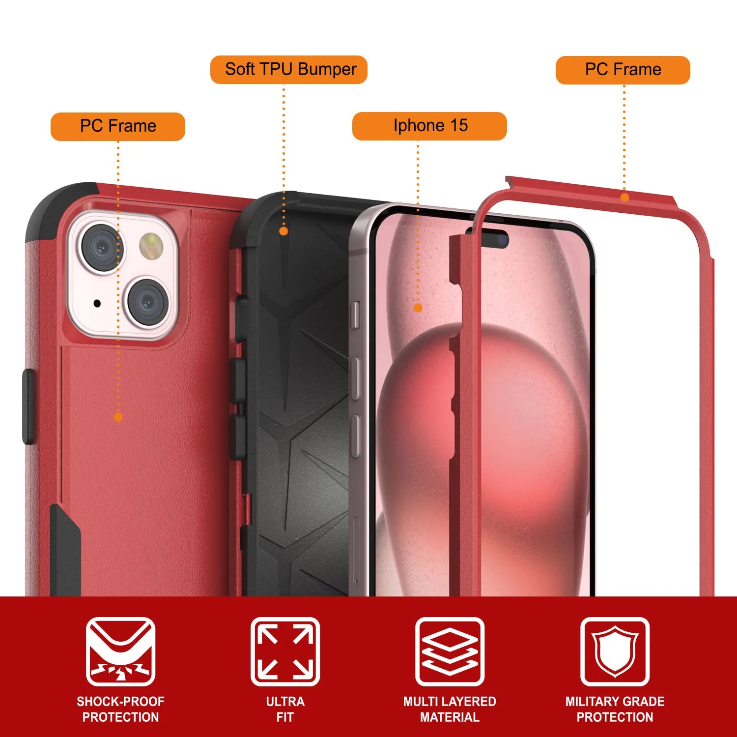 Punkcase for iPhone 15 Belt Clip Multilayer Holster Case [Patron Series] [Red-Black]