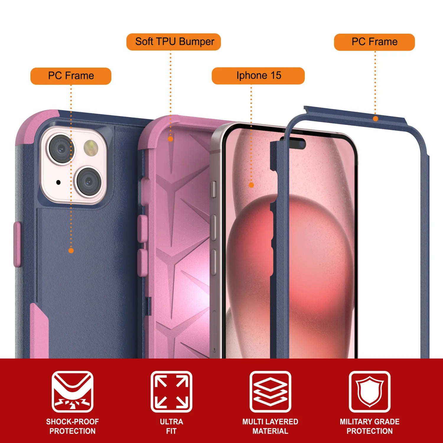 Punkcase for iPhone 15 Belt Clip Multilayer Holster Case [Patron Series] [Navy Pink]