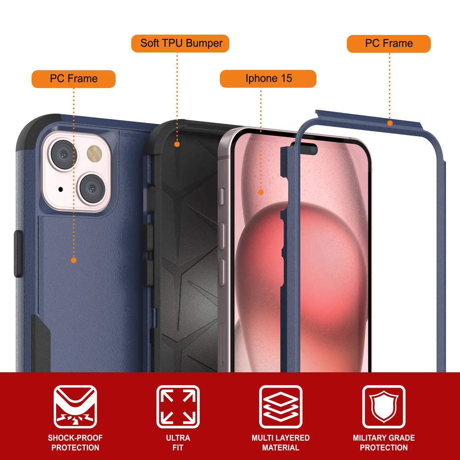 Punkcase for iPhone 15 Belt Clip Multilayer Holster Case [Patron Series] [Navy Black]