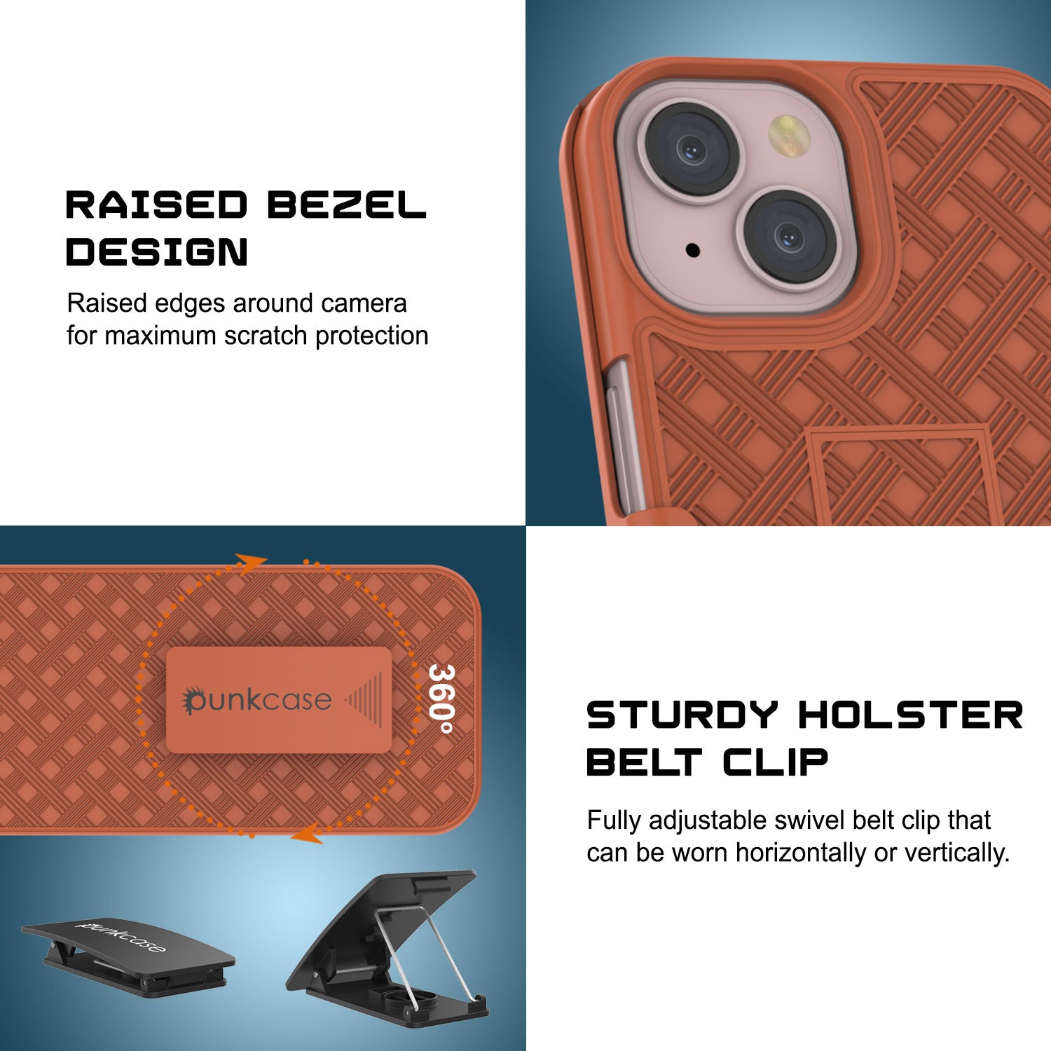 iPhone 15 Plus Case With Tempered Glass Screen Protector, Holster Belt Clip & Built-In Kickstand [Orange]