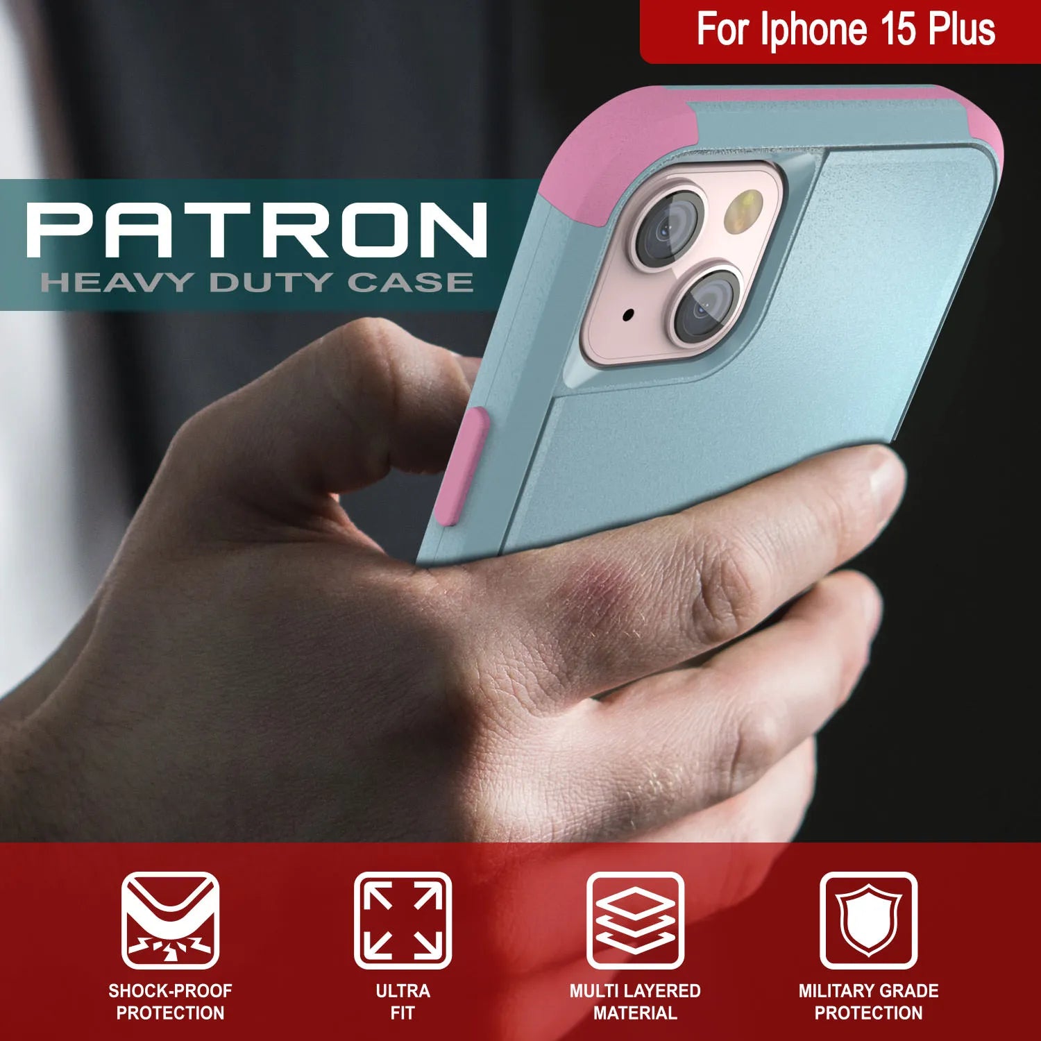Punkcase for iPhone 15 Plus Belt Clip Multilayer Holster Case [Patron Series] [Mint-Pink]