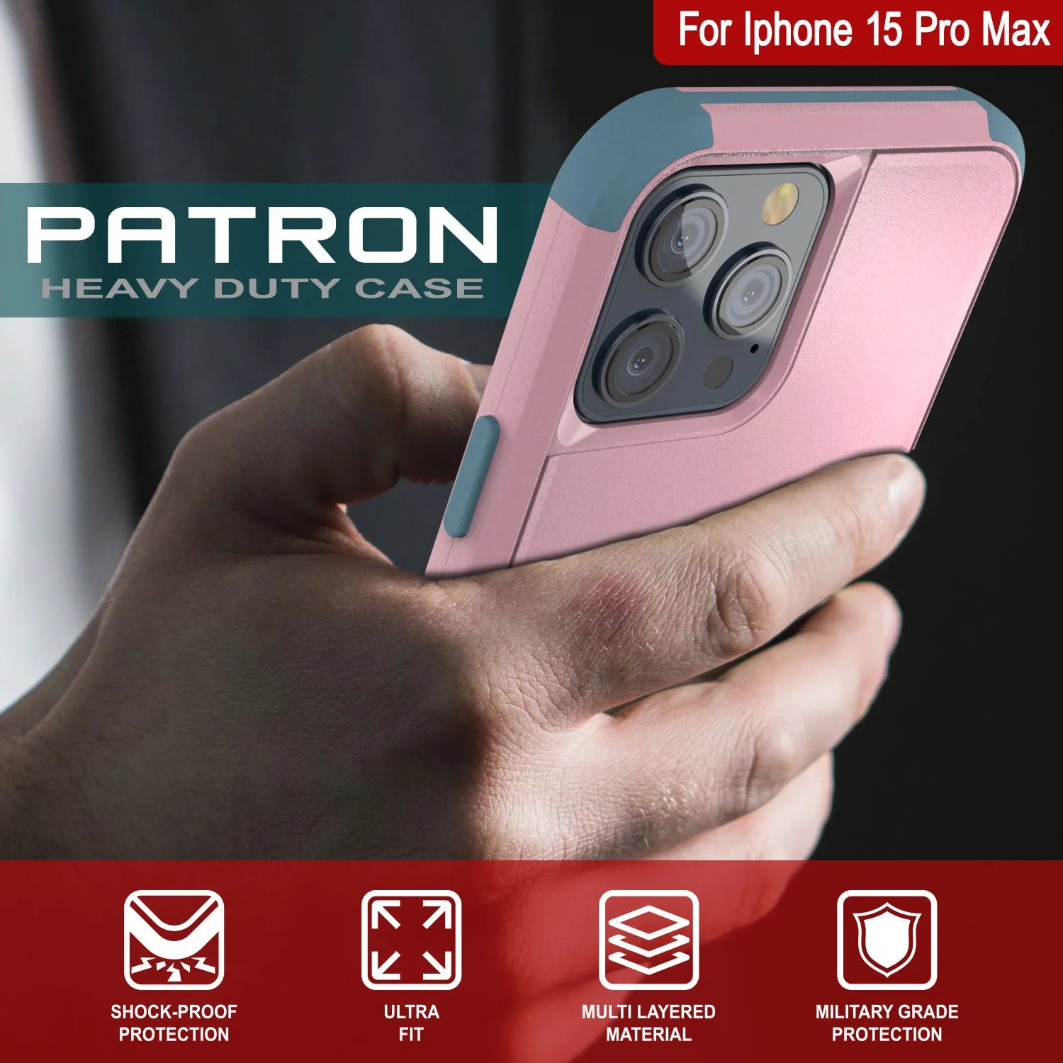 Punkcase for iPhone 15 Pro Max Belt Clip Multilayer Holster Case [Patron Series] [Pink-Blue]