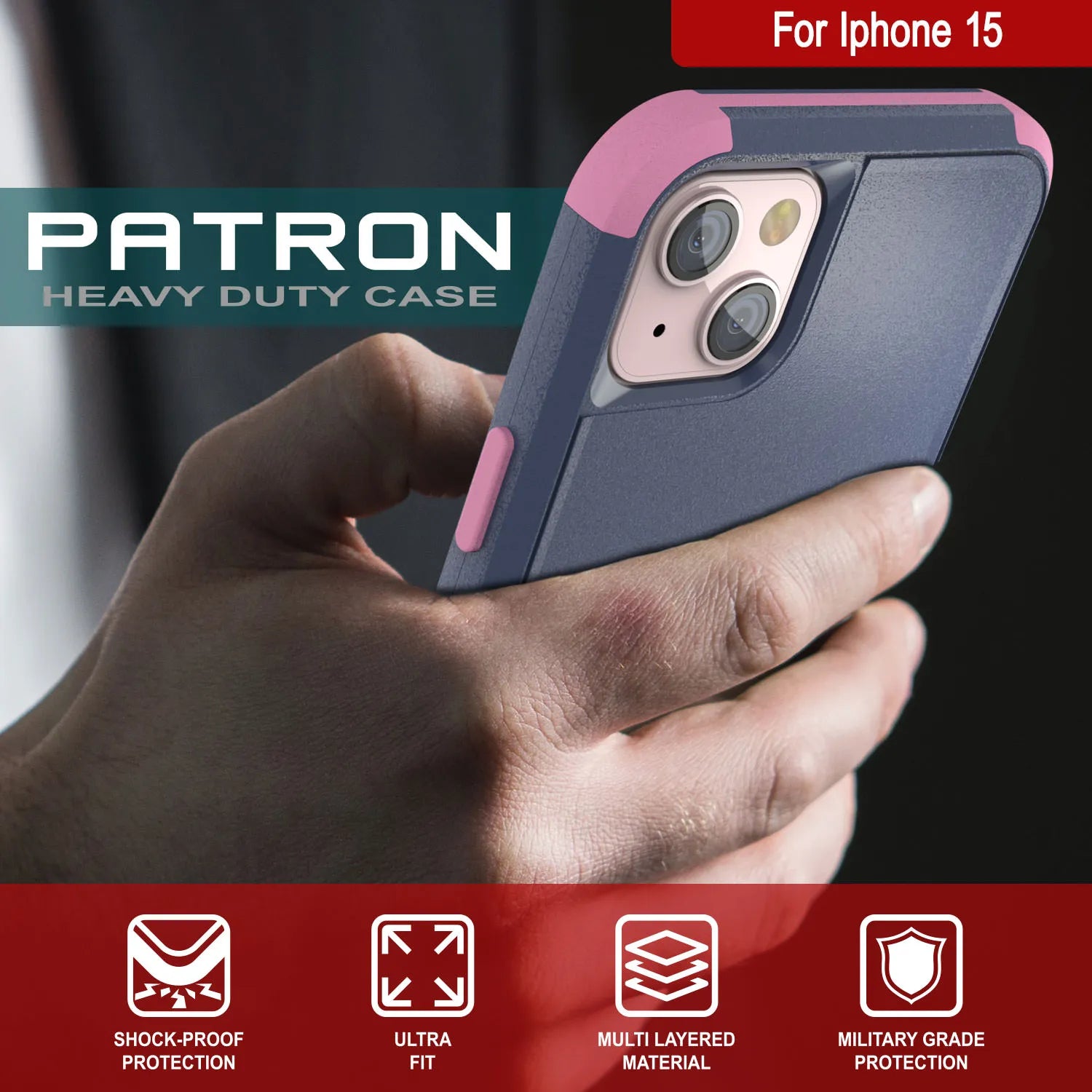 Punkcase for iPhone 15 Belt Clip Multilayer Holster Case [Patron Series] [Navy Pink]