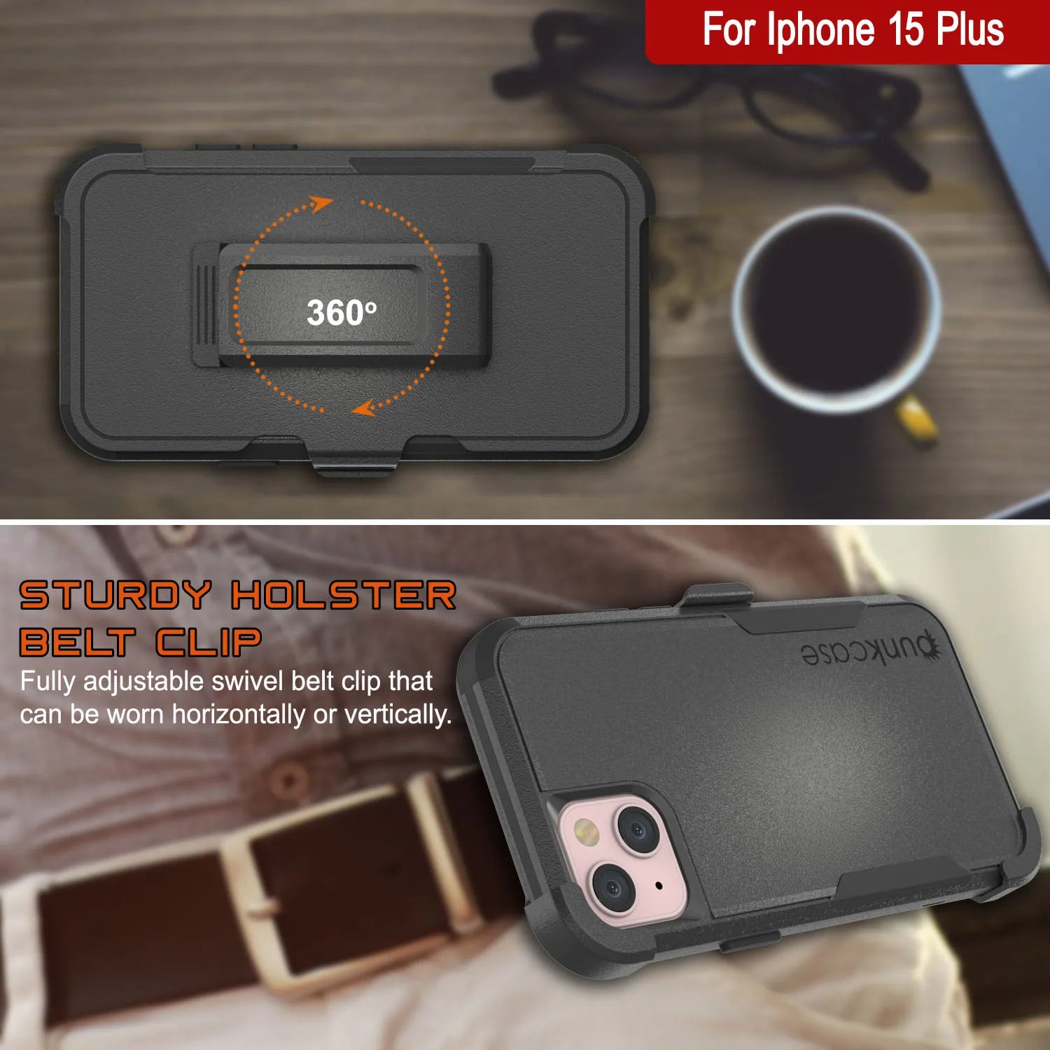 Punkcase for iPhone 15 Plus Belt Clip Multilayer Holster Case [Patron Series] [Black]