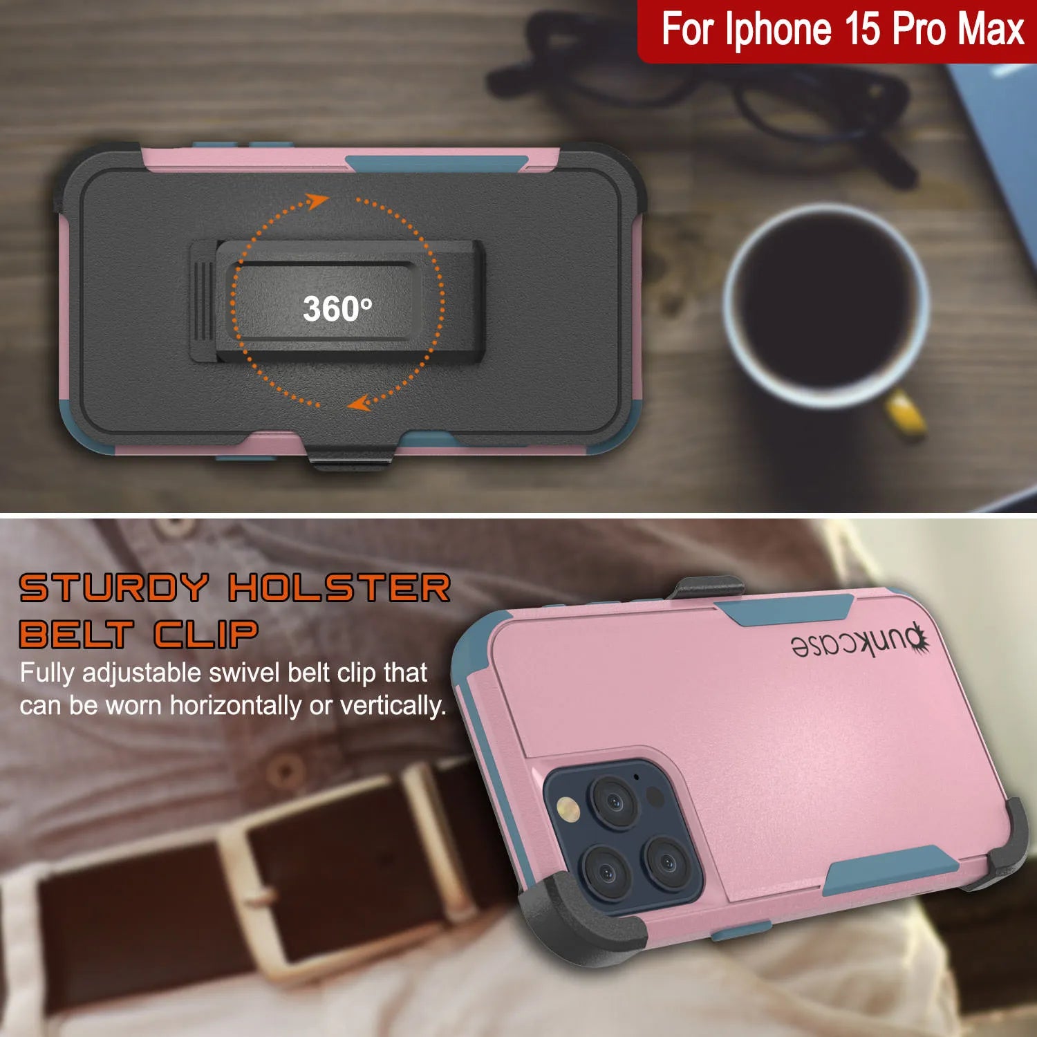 Punkcase for iPhone 15 Pro Max Belt Clip Multilayer Holster Case [Patron Series] [Pink-Blue]
