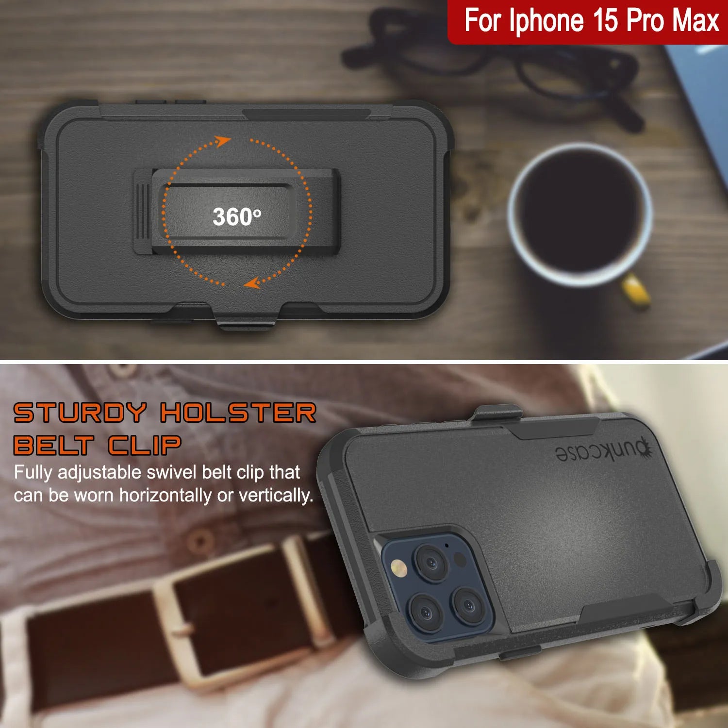 Punkcase for iPhone 15 Pro Max Belt Clip Multilayer Holster Case [Patron Series] [Black]