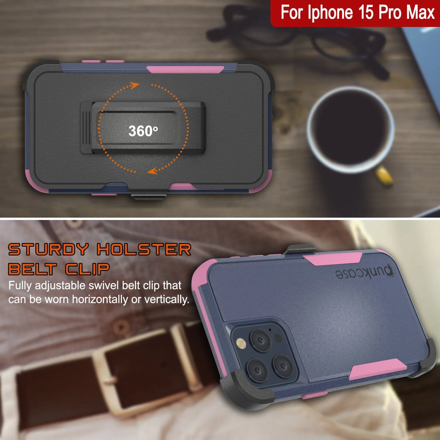 Punkcase for iPhone 15 Pro Max Belt Clip Multilayer Holster Case [Patron Series] [Navy Pink]