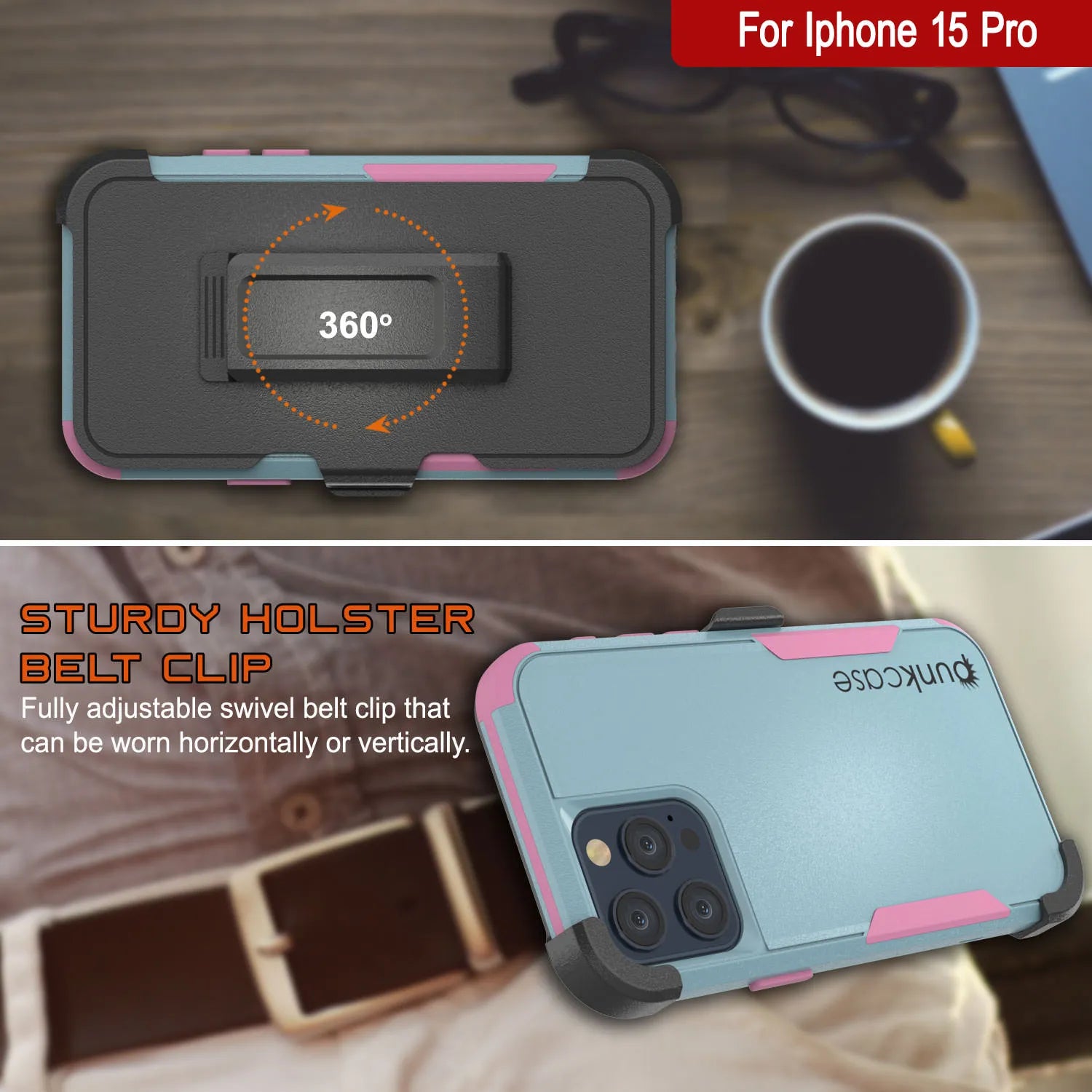 Punkcase for iPhone 15 Pro Belt Clip Multilayer Holster Case [Patron Series] [Mint-Pink]