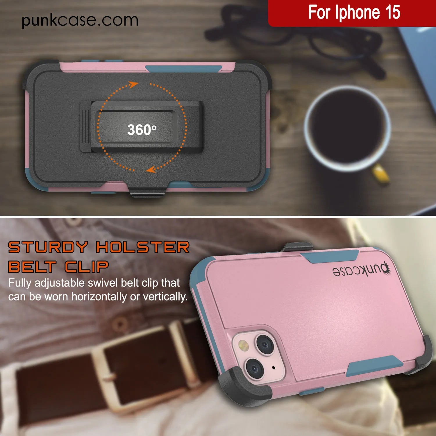 Punkcase for iPhone 15 Belt Clip Multilayer Holster Case [Patron Series] [Pink-Blue]