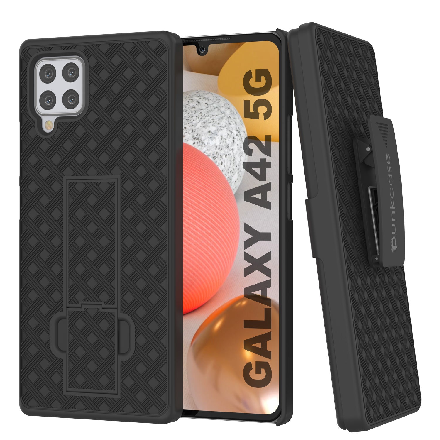 Punkcase Galaxy A42 5G Case With Screen Protector, Holster Belt Clip [Black]
