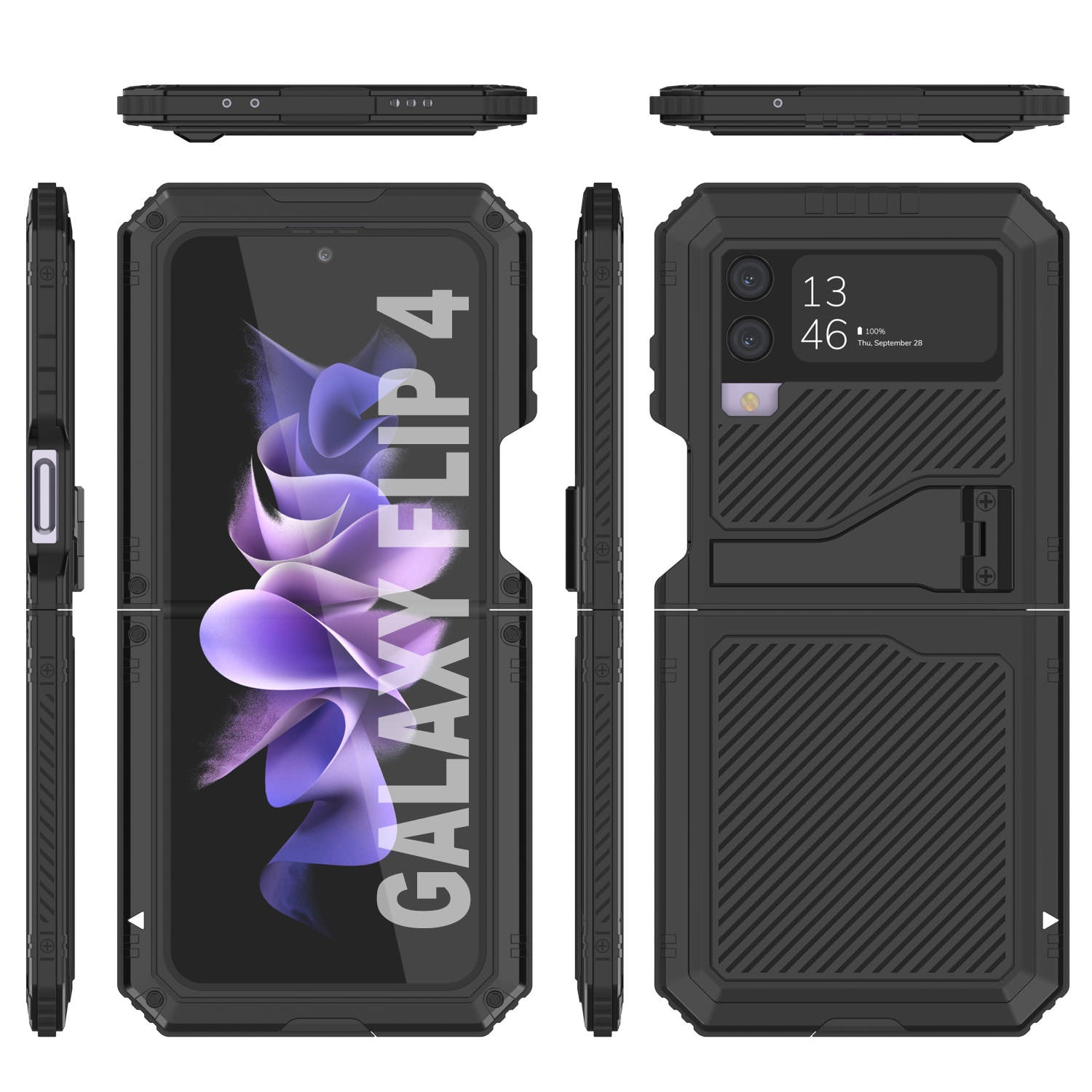 Galaxy Z Flip4 Metal Case, Heavy Duty Military Grade Armor Cover Full Body Hard [Black], Black