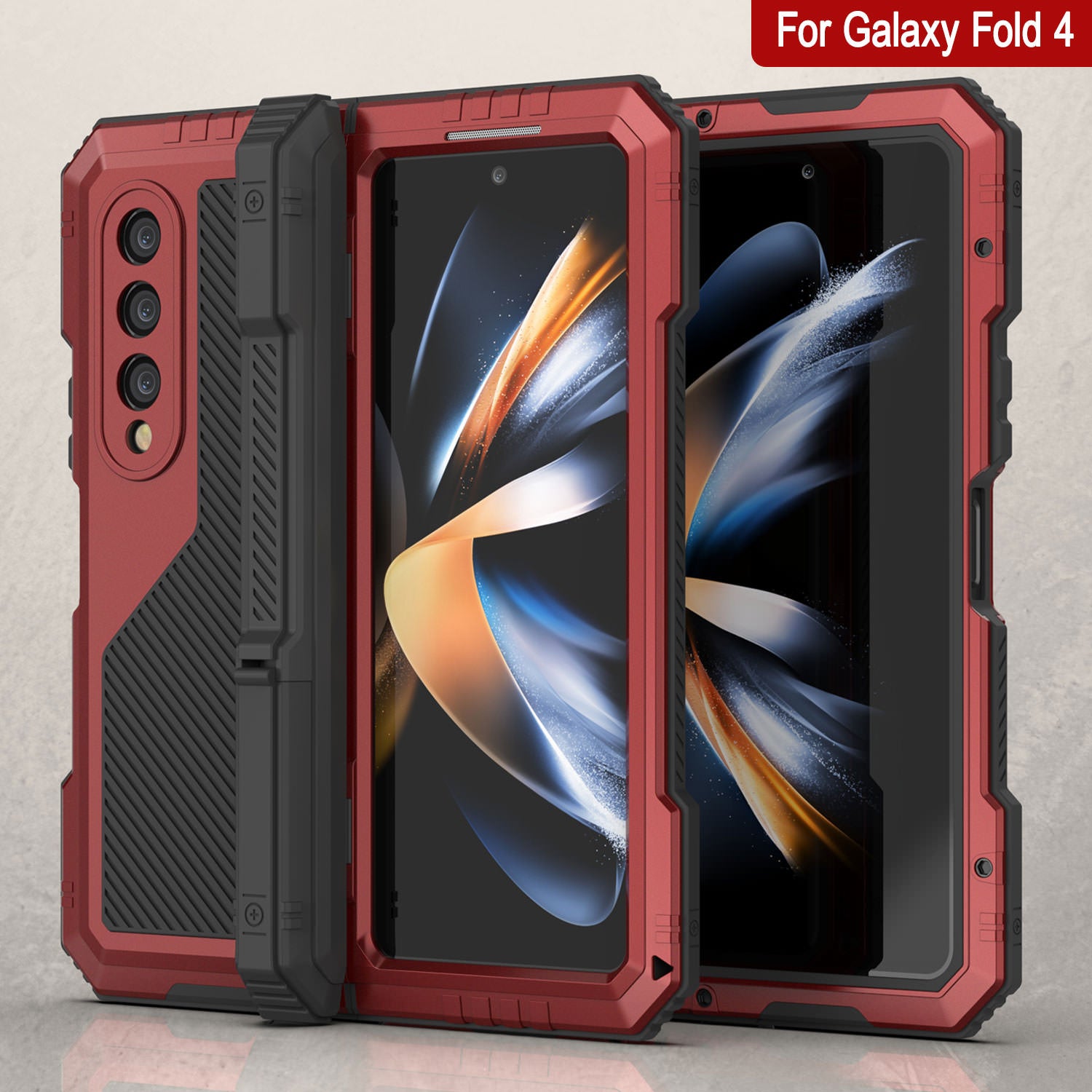 Galaxy Z Fold4 Metal Case, Heavy Duty Military Grade Armor Cover Full Body Hard [Red]