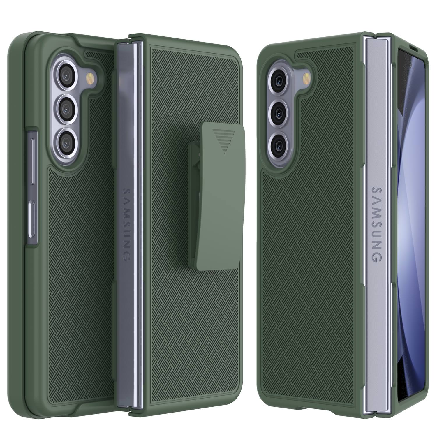 Galaxy Z Fold5 Case With Tempered Glass Screen Protector, Holster Belt Clip & Built-In Kickstand [Green]
