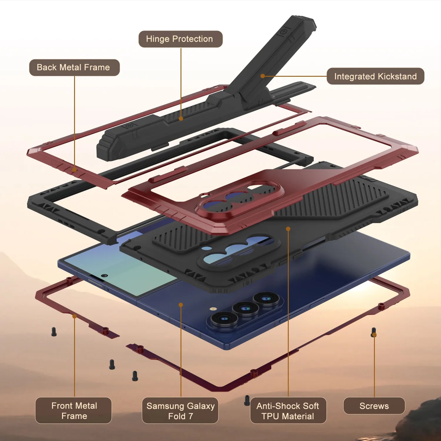 Galaxy Z Fold7 Metal Case, Heavy Duty Military Grade Armor Cover Full Body Hard [Red]