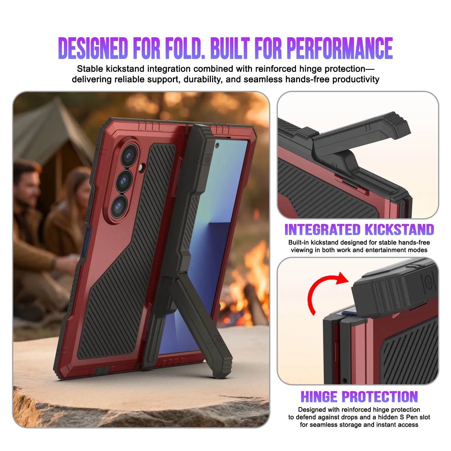 Galaxy Z Fold7 Metal Case, Heavy Duty Military Grade Armor Cover Full Body Hard [Red]
