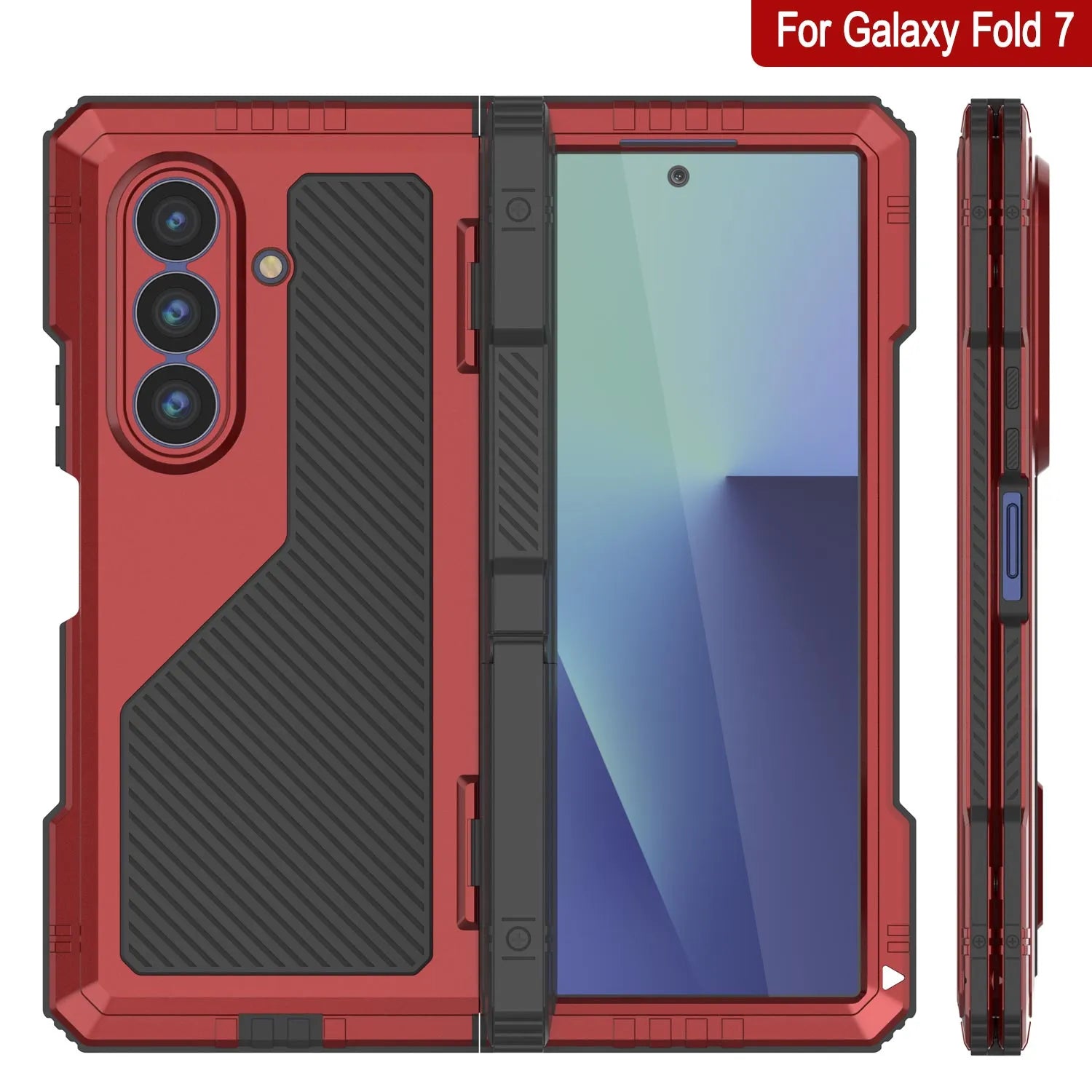 Galaxy Z Fold7 Metal Case, Heavy Duty Military Grade Armor Cover Full Body Hard [Red]