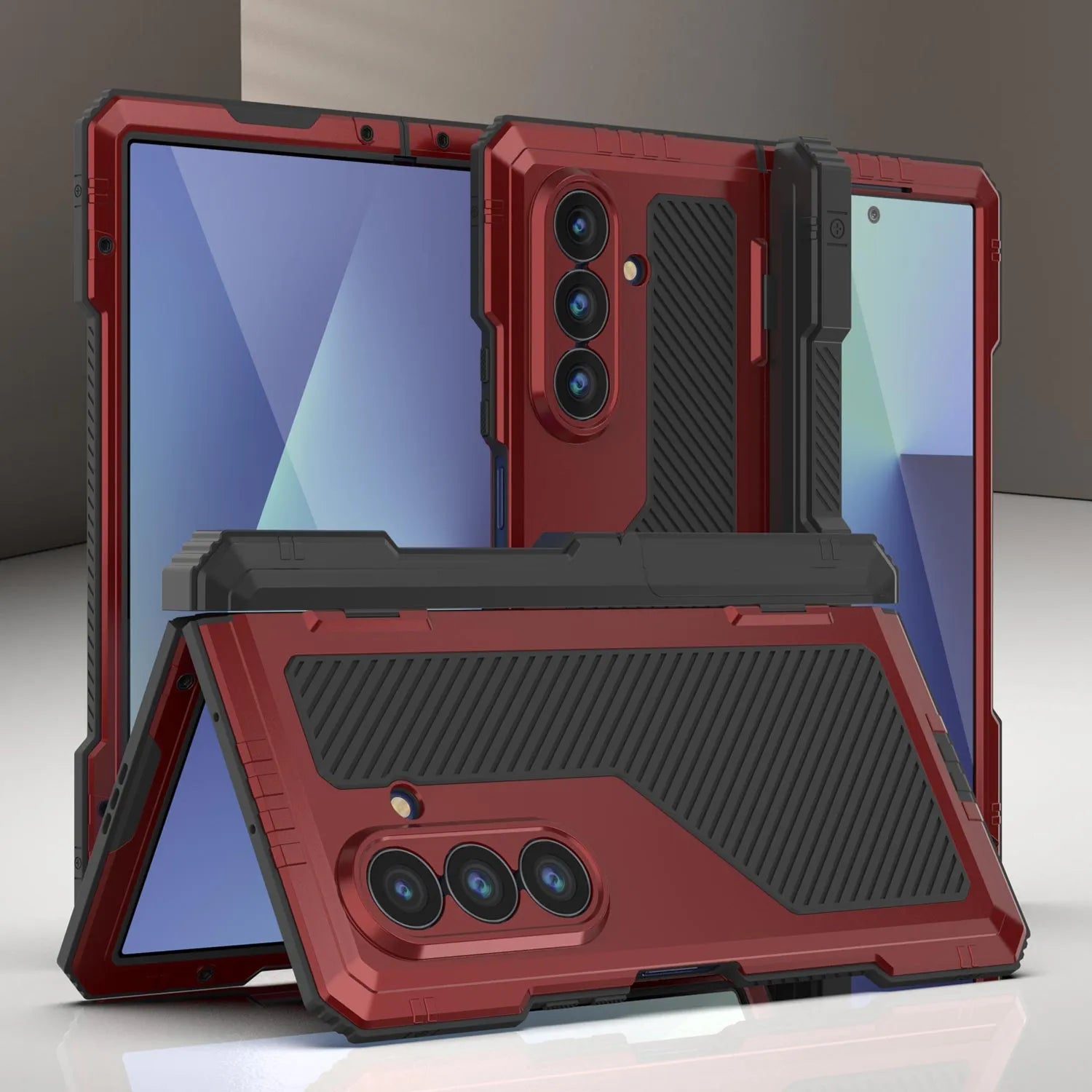 Galaxy Z Fold7 Metal Case, Heavy Duty Military Grade Armor Cover Full Body Hard [Red]