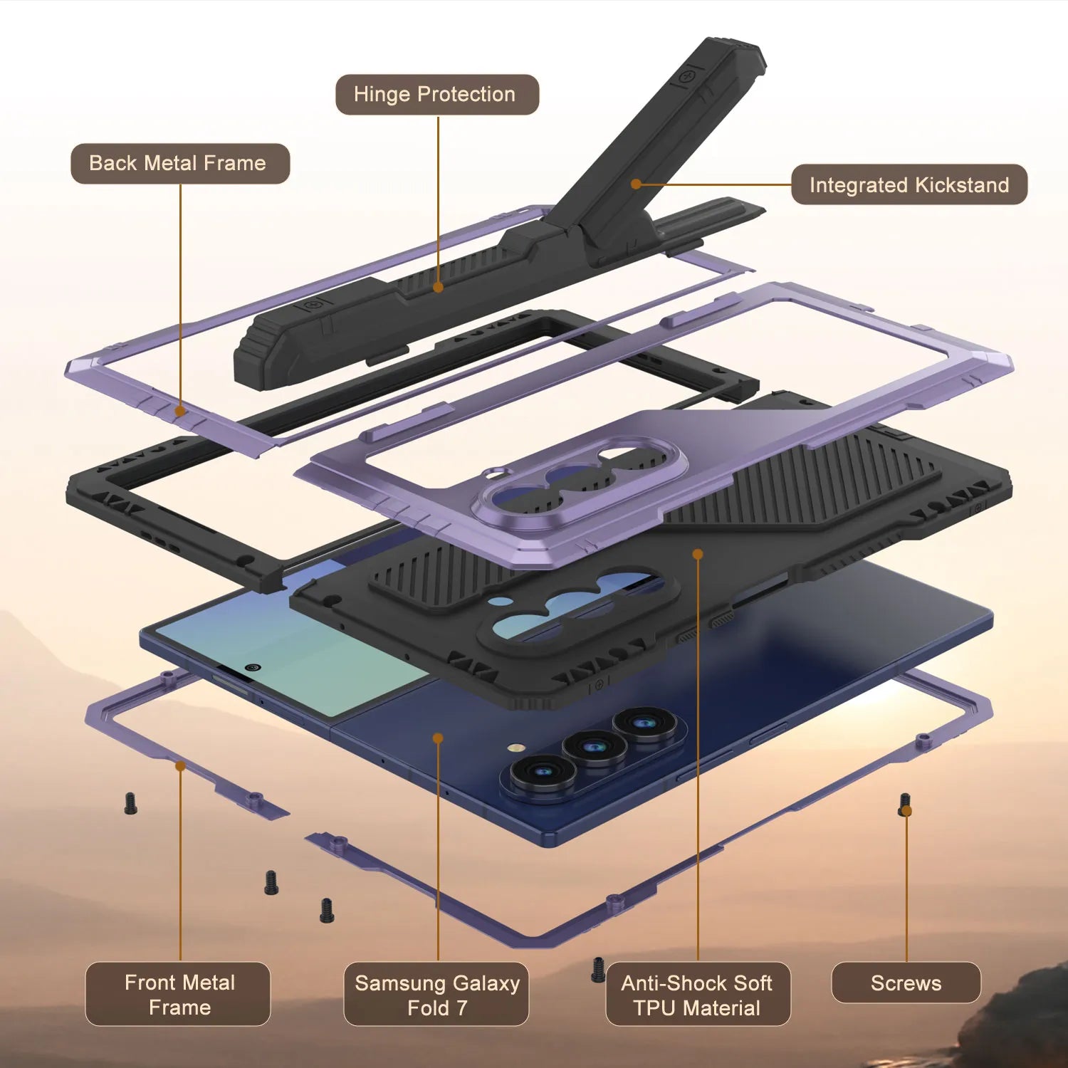 Galaxy Z Fold7 Metal Case, Heavy Duty Military Grade Armor Cover Full Body Hard [Purple]