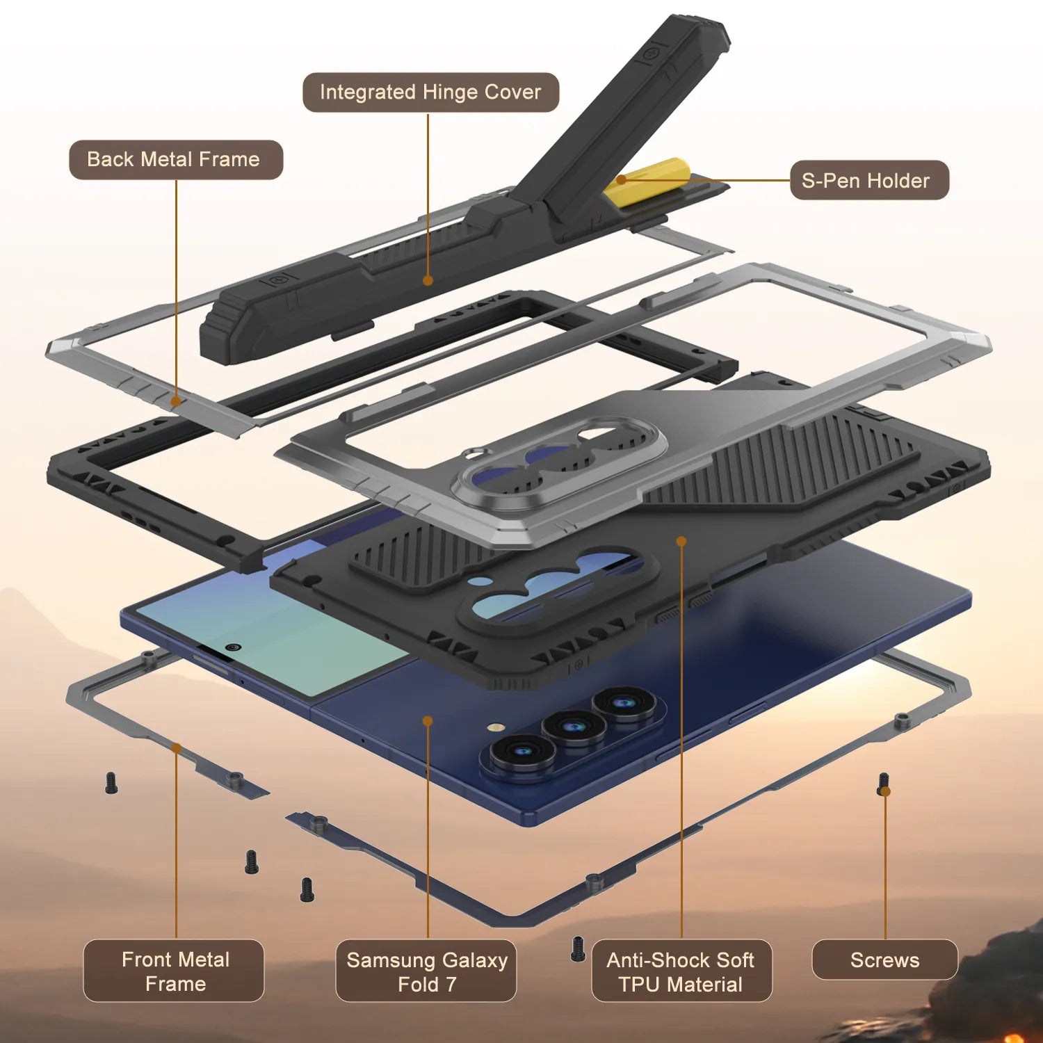 Galaxy Z Fold7 Metal Case, Heavy Duty Military Grade Armor Cover Full Body Hard [Silver]
