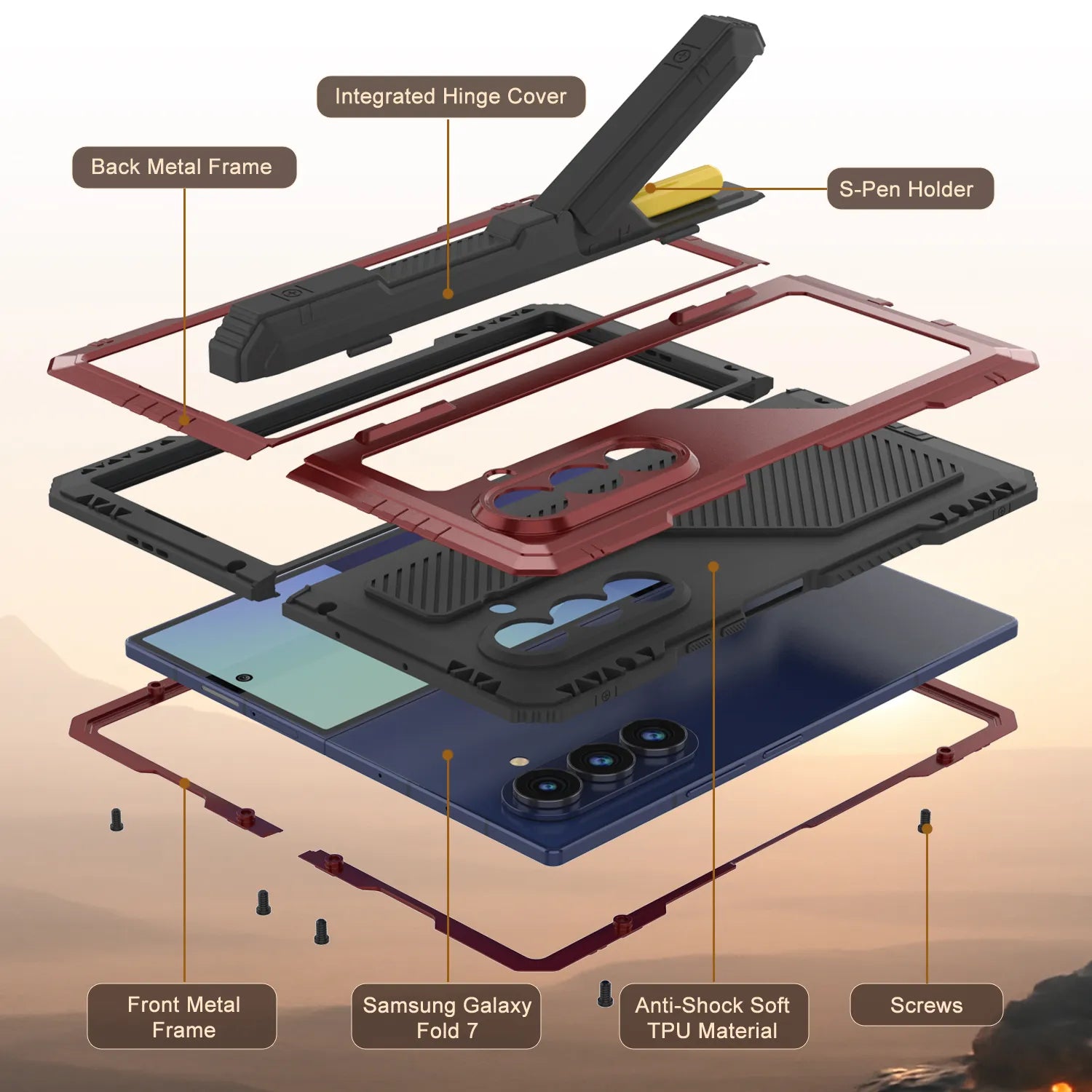 Galaxy Z Fold7 Metal Case, Heavy Duty Military Grade Armor Cover Full Body Hard [Red]