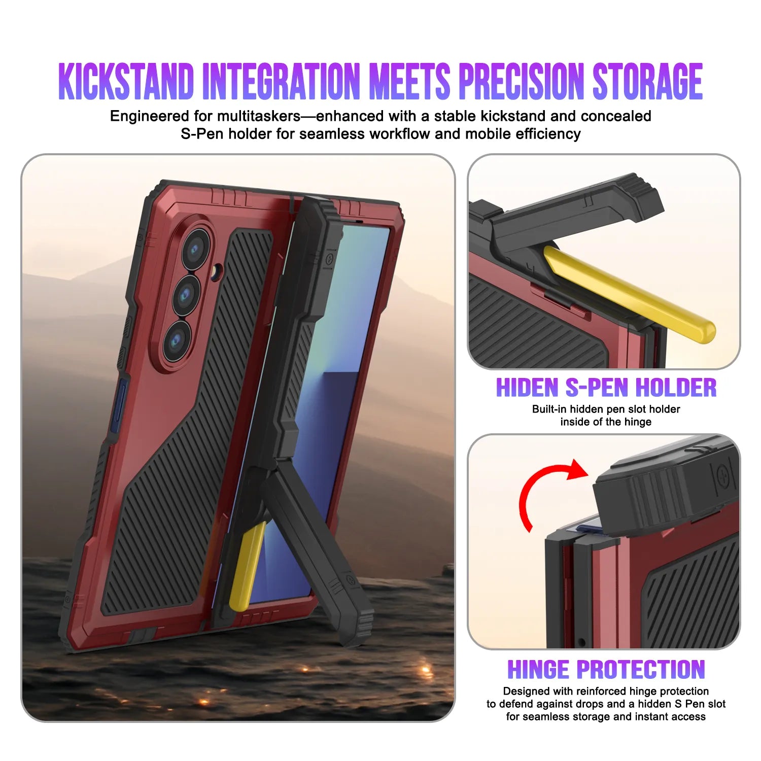 Galaxy Z Fold7 Metal Case, Heavy Duty Military Grade Armor Cover Full Body Hard [Red]