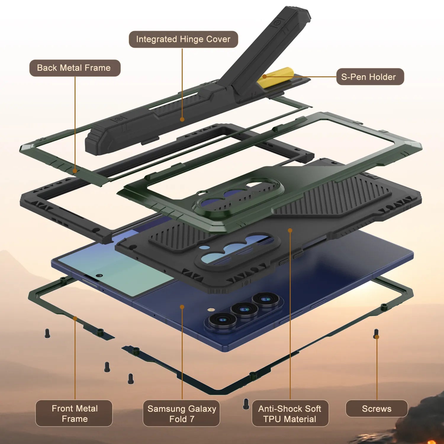 Galaxy Z Fold7 Metal Case, Heavy Duty Military Grade Armor Cover Full Body Hard [Dark Green]