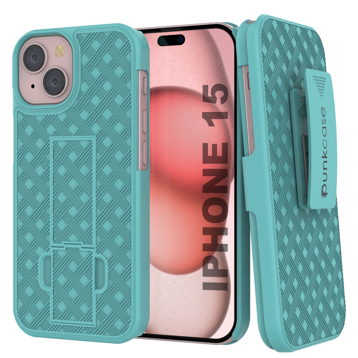 iPhone 15 Case With Tempered Glass Screen Protector, Holster Belt Clip & Built-In Kickstand [Teal]