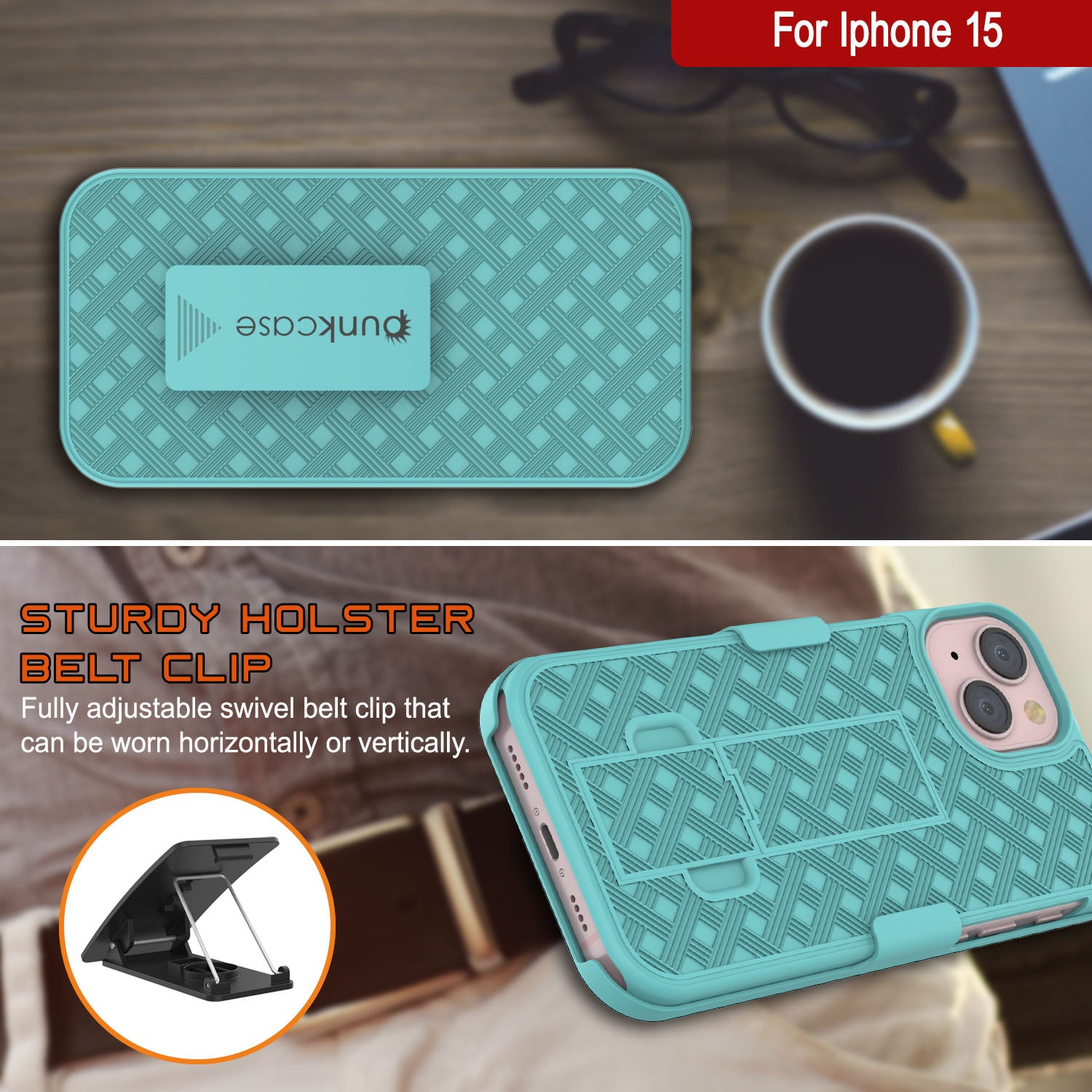 iPhone 15 Case With Tempered Glass Screen Protector, Holster Belt Clip & Built-In Kickstand [Teal]